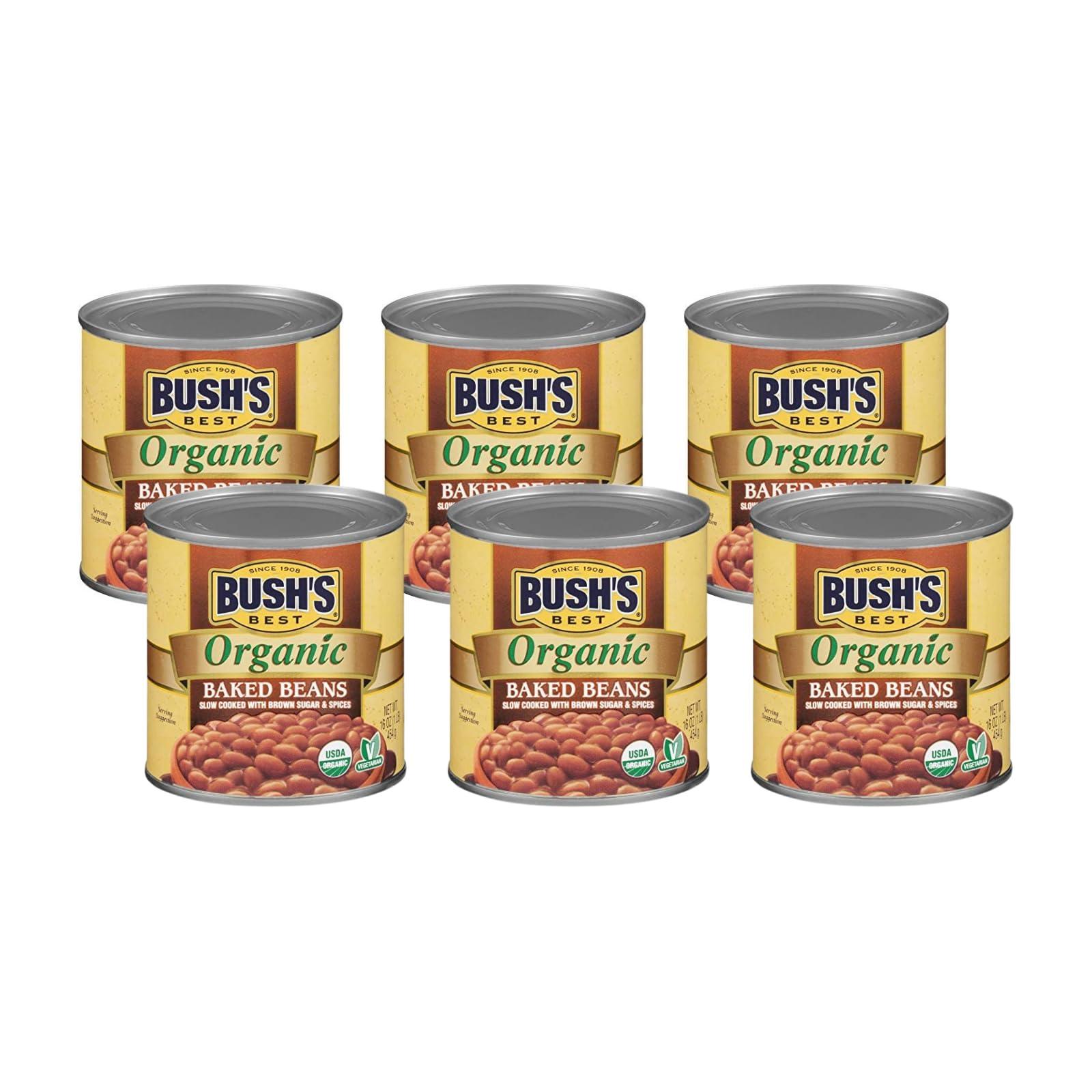 Bush's Best Bush's Best Organic Baked Beans, 16 Ounce Can - Canned Beans, Baked Beans Canned, Source of Plant Based Protein and Fiber, Low Fat, Gluten Free (Pack of 6)