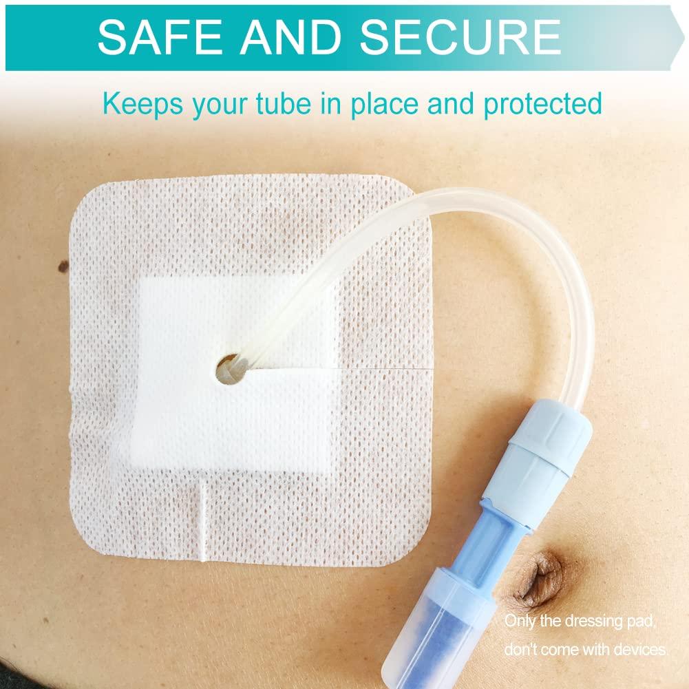 GoToHere Feeding Tube Adhesive Wound Dressing Sponge Split Drain Bandage for Peg G J Supra-Pubic Incision Bordered Guaze Pad Off-Cut Catheter Stabilization Device Holder Post Surgery 4\"X4\", Pack of 20