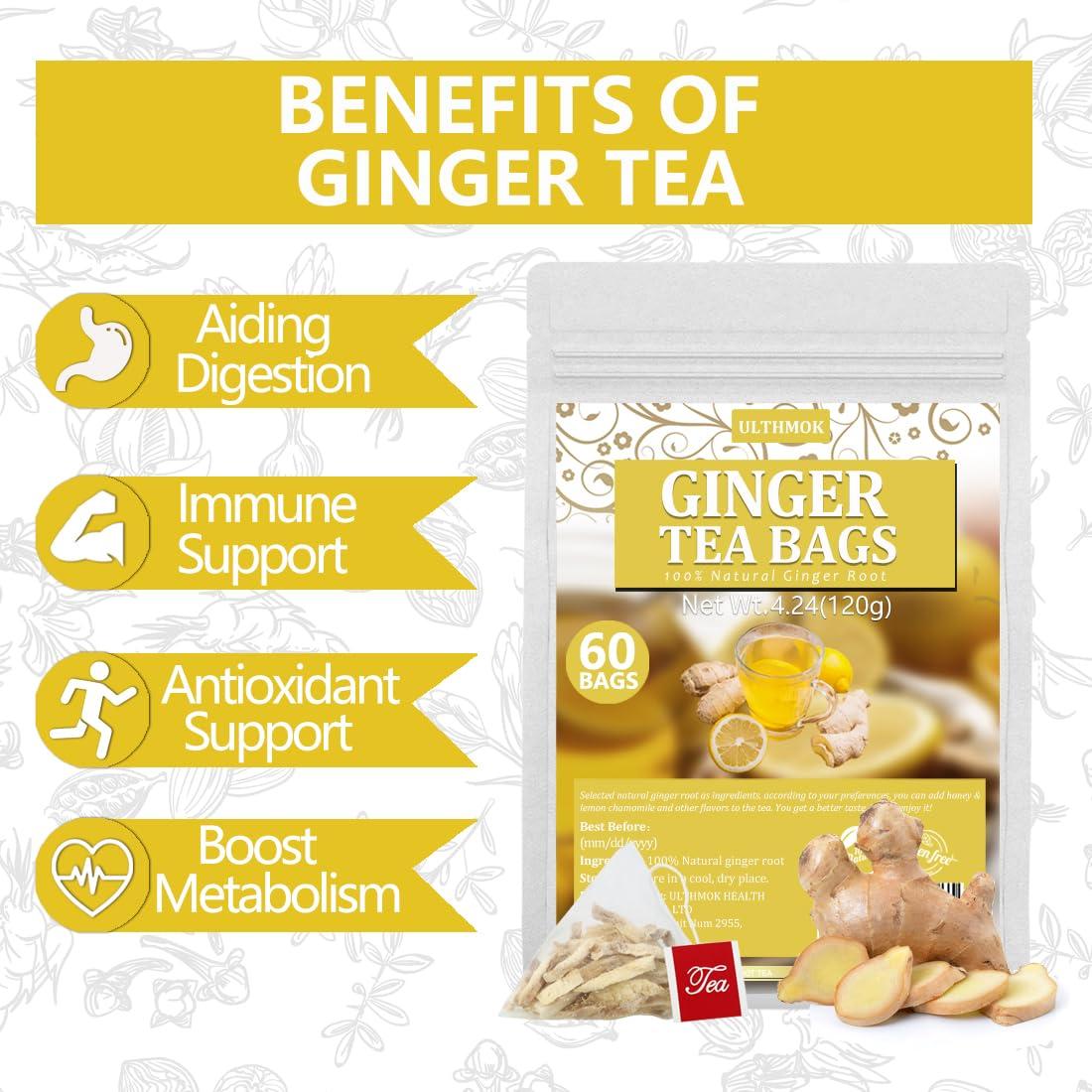 ULTHMOK 60 Premium Ginger Tea Bags, Made with 100% Natural Ginger Root, Warm & Spicy, Support Digestion & Boost Immunity, No Additives & Caffeine Free.