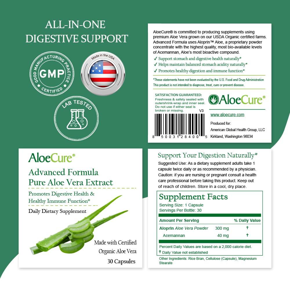 AloeCure AloeCure Organic Aloe Vera Capsules, 130,000mg Inner Aloe Leaf Equivelant per Serving, Support Gut, Digestive, & Immune Health, Helps Maintain Balanced Stomach Acidity, Aloin Free, 30 Capsules