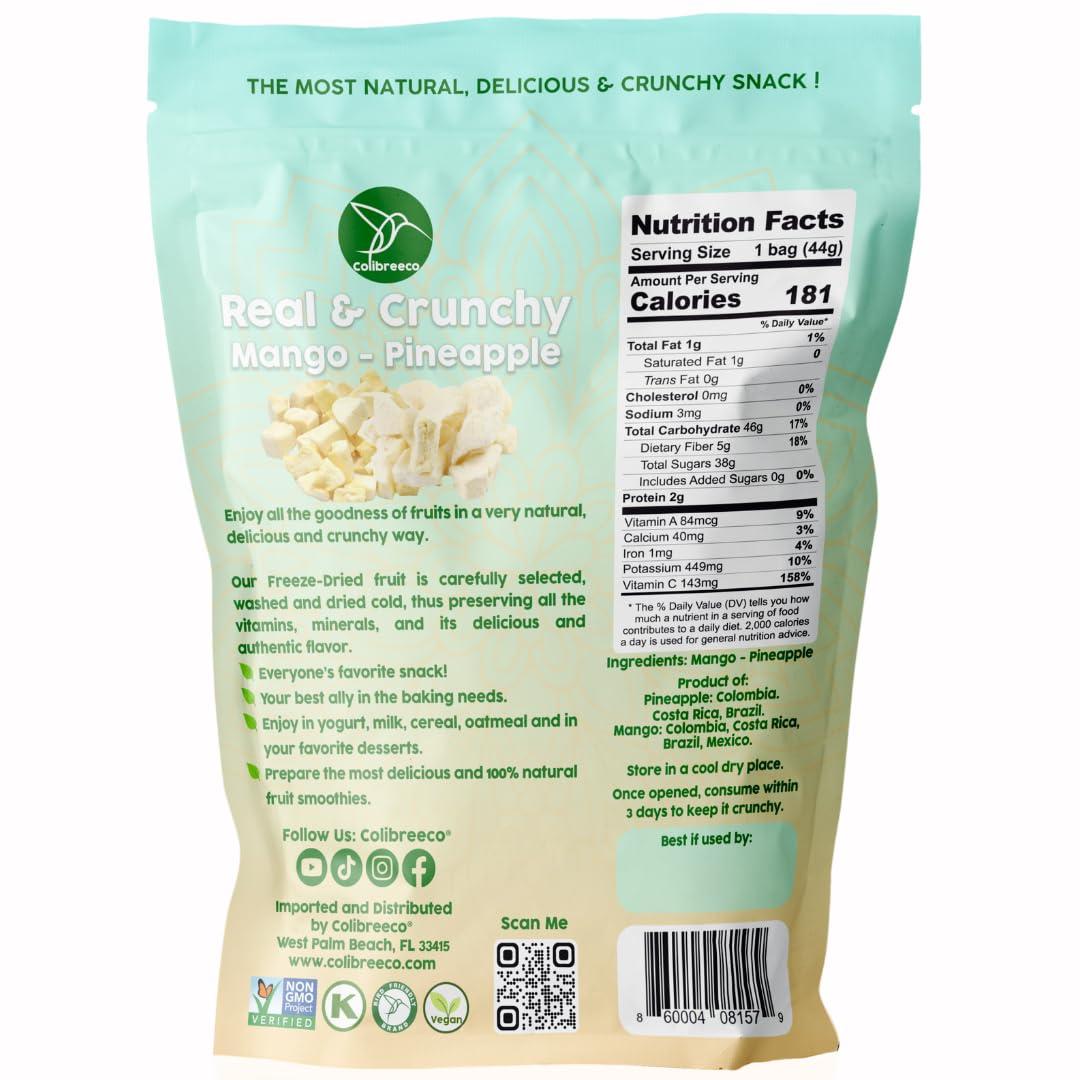 COLIBREECO Colibreeco, Freeze-Dried Fruit, Mix Pineapple & Mango, 1.6 Ounce (Pack of 8), Real and Crunchy, Non-GMO, Kosher and Vegan, 100% Fruit, No Sugar Added, Excellent for Healthy Snacks and Gluten Free.