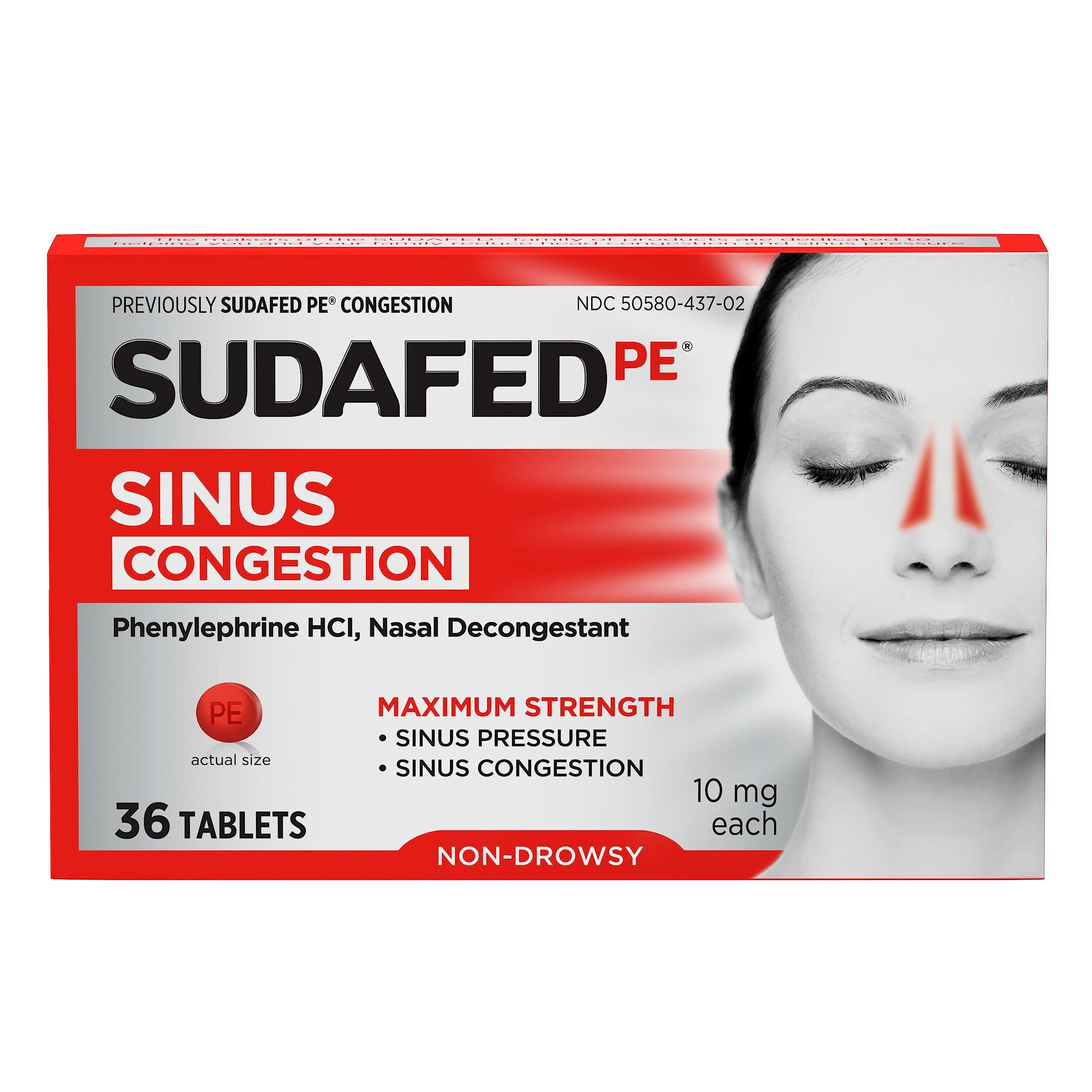 Sudafed Sudafed PE Sinus Congestion Maximum Strength Non-Drowsy Decongestant Tablets, 36 ct & PE Day and Night Sinus Pressure & Congestion Tablets, 20 Count
