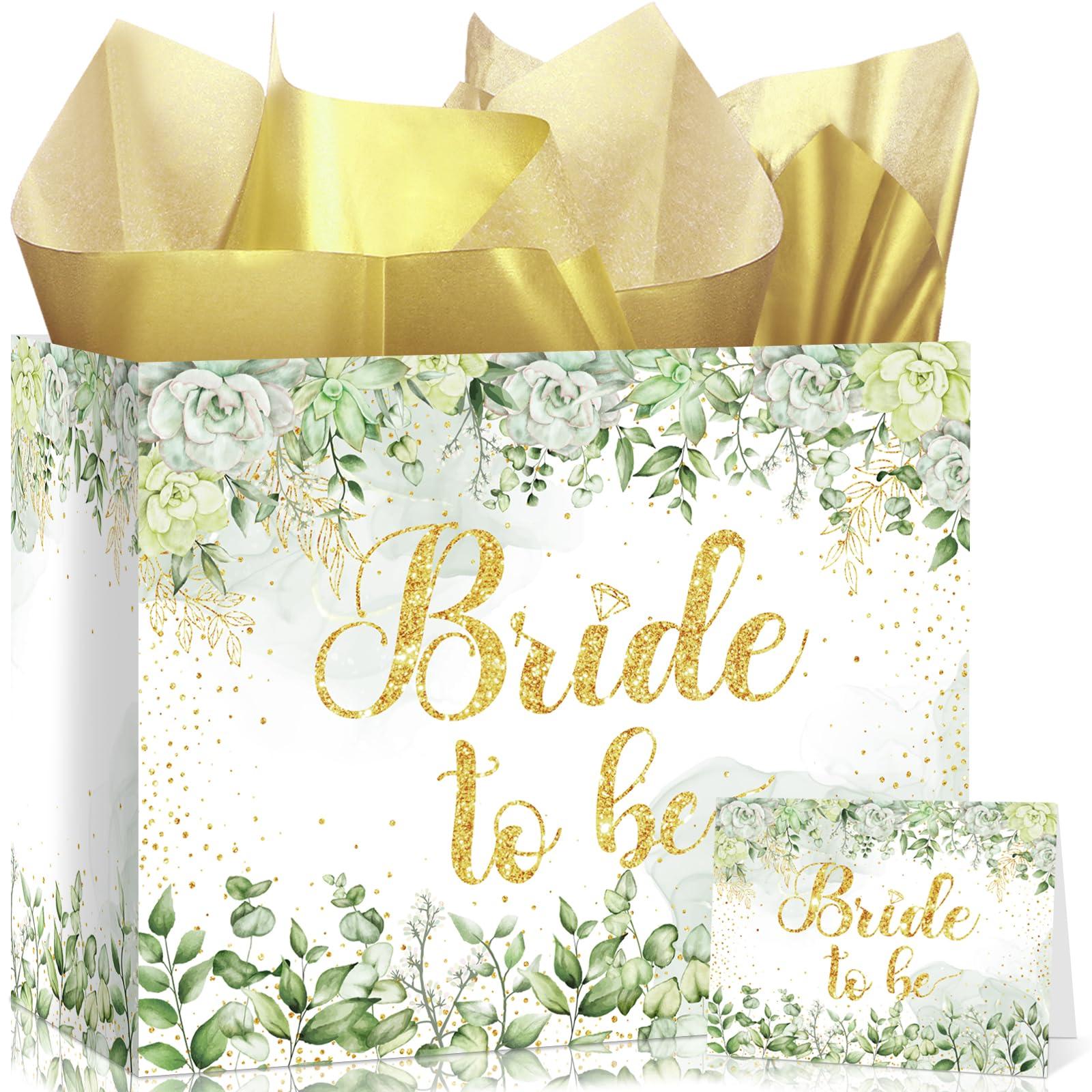 Woosytoo Bride Gift Bag Sage Green Bridal Shower Gift Bags with Cards Tissue Paper Large Bridal Gift Wrapping Bag Bachelorette Engagement Wedding Shower Gift Bag for Sage Green Christmas Bride to Be Party Decoration