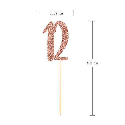 MAGJUCHE Rose Gold 12th Birthday Cupcake Topper, 24-Pack Number 12 Glitter Happy Birthday Party Cupcake Toppers, Decorations