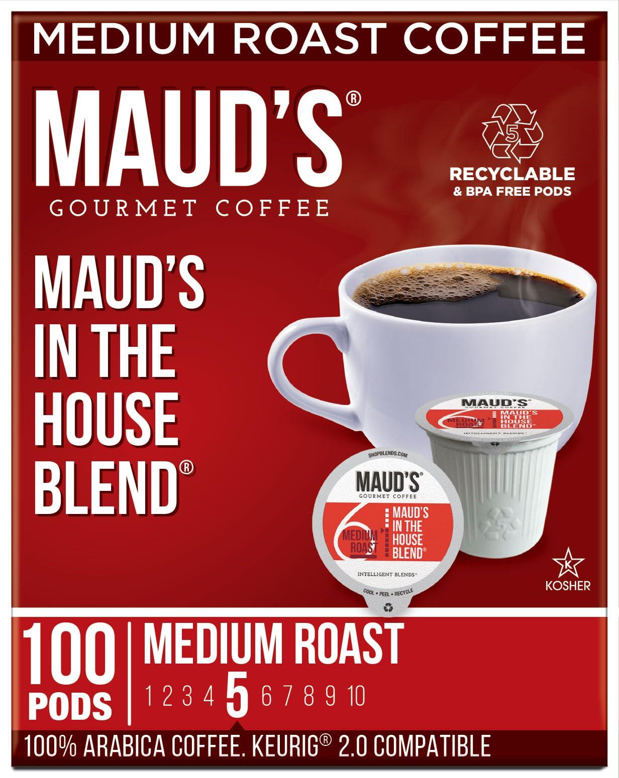 MAUD'S Maud\'s Medium Roast Coffee Pods, 100 ct | In the House Blend | 100% Arabica Medium Roast Coffee | Solar Energy Produced Recyclable Pods Compatible with Keurig K Cups Maker