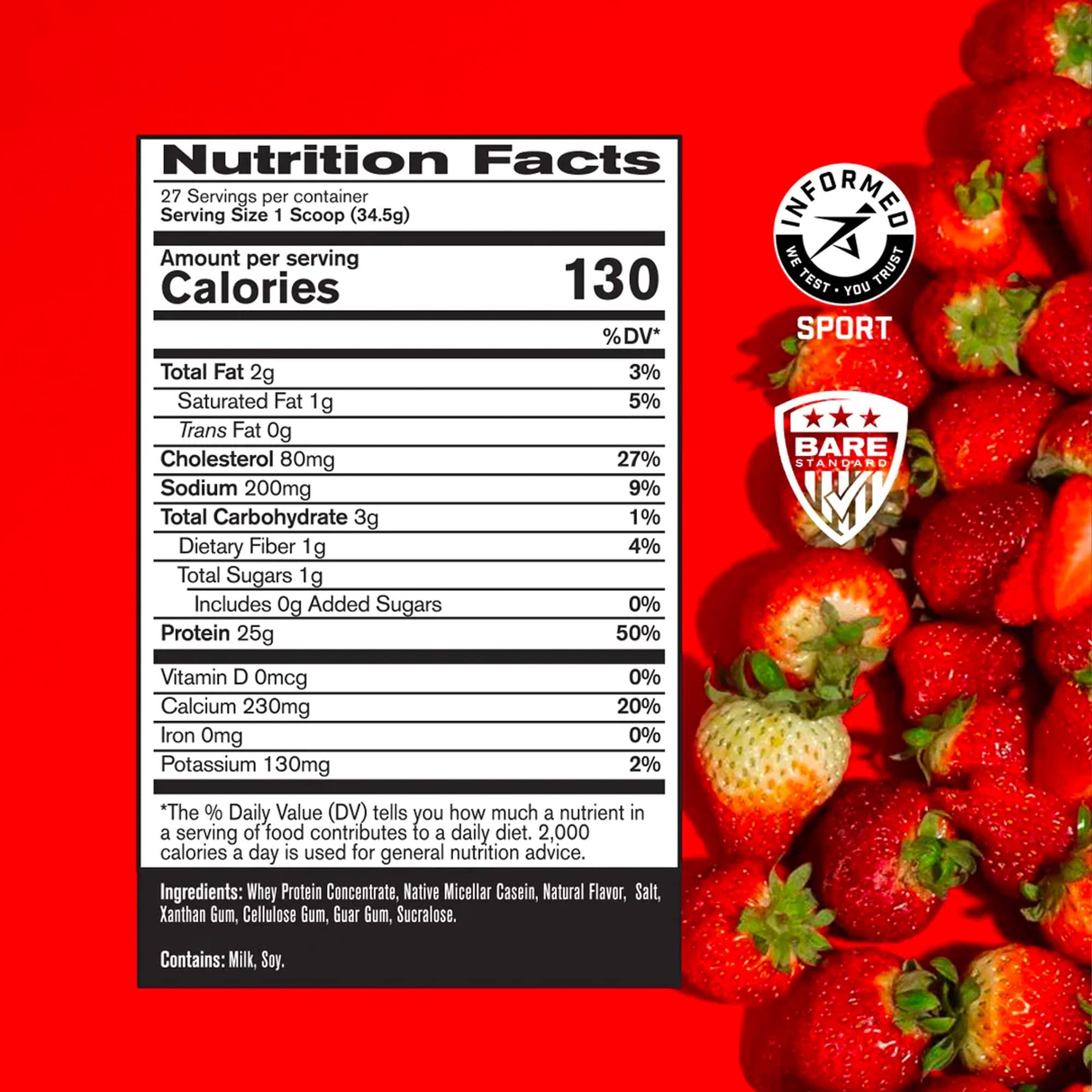 BARE PERFORMANCE NUTRITION BARE PERFORMANCE NUTRITION, BPN Whey Protein + Casein Protein Powder Blend, Strawberry, 25g Protein per Serving Supports Lean Muscle Recovery, 27 Servings, Third Party Tested