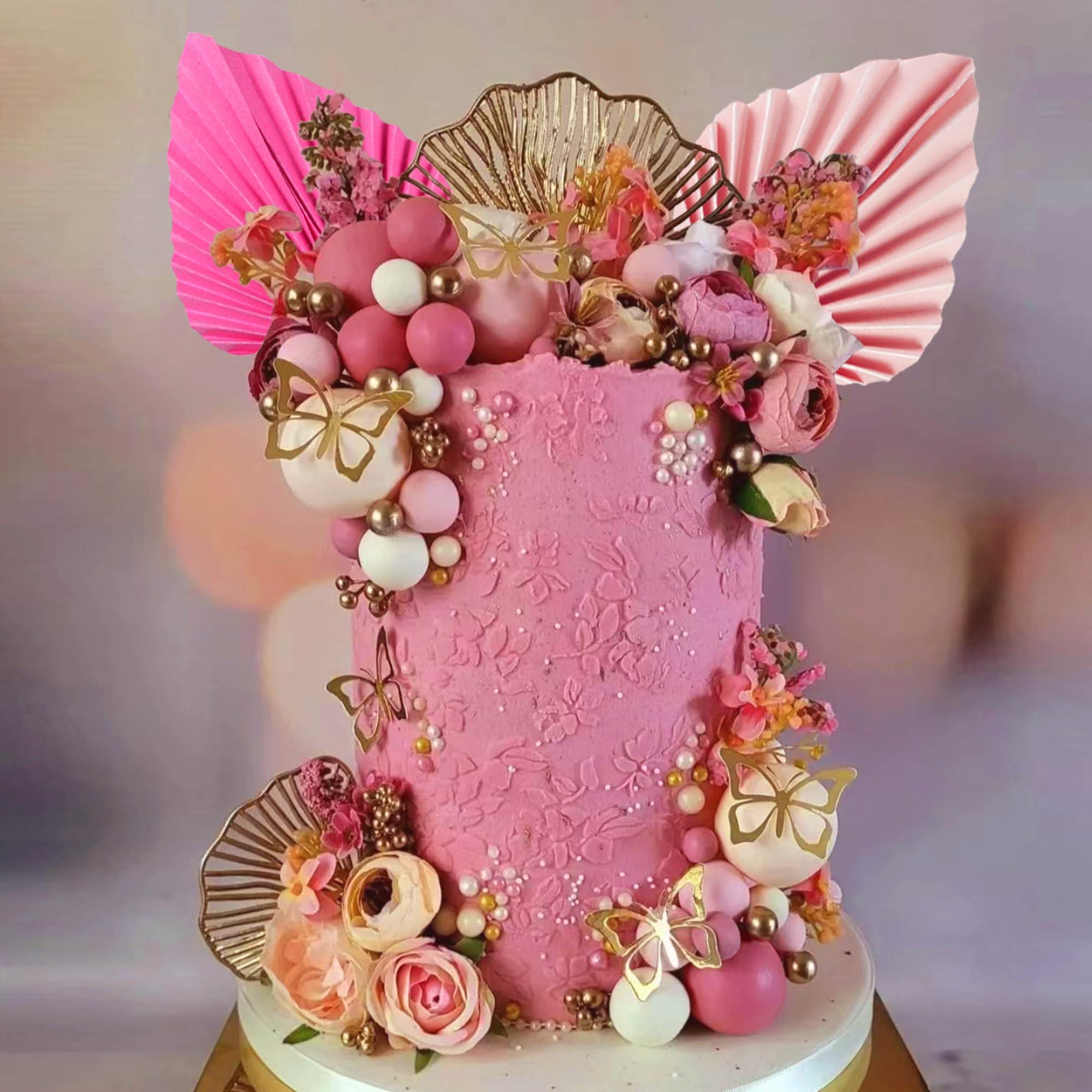 LEFUBABY Boho Flower Cake Toppers Balls Cake Decorations with Butterflies for Birthday Party Wedding Baby Shower Boho Themed Party Supplies (Hot Pink)