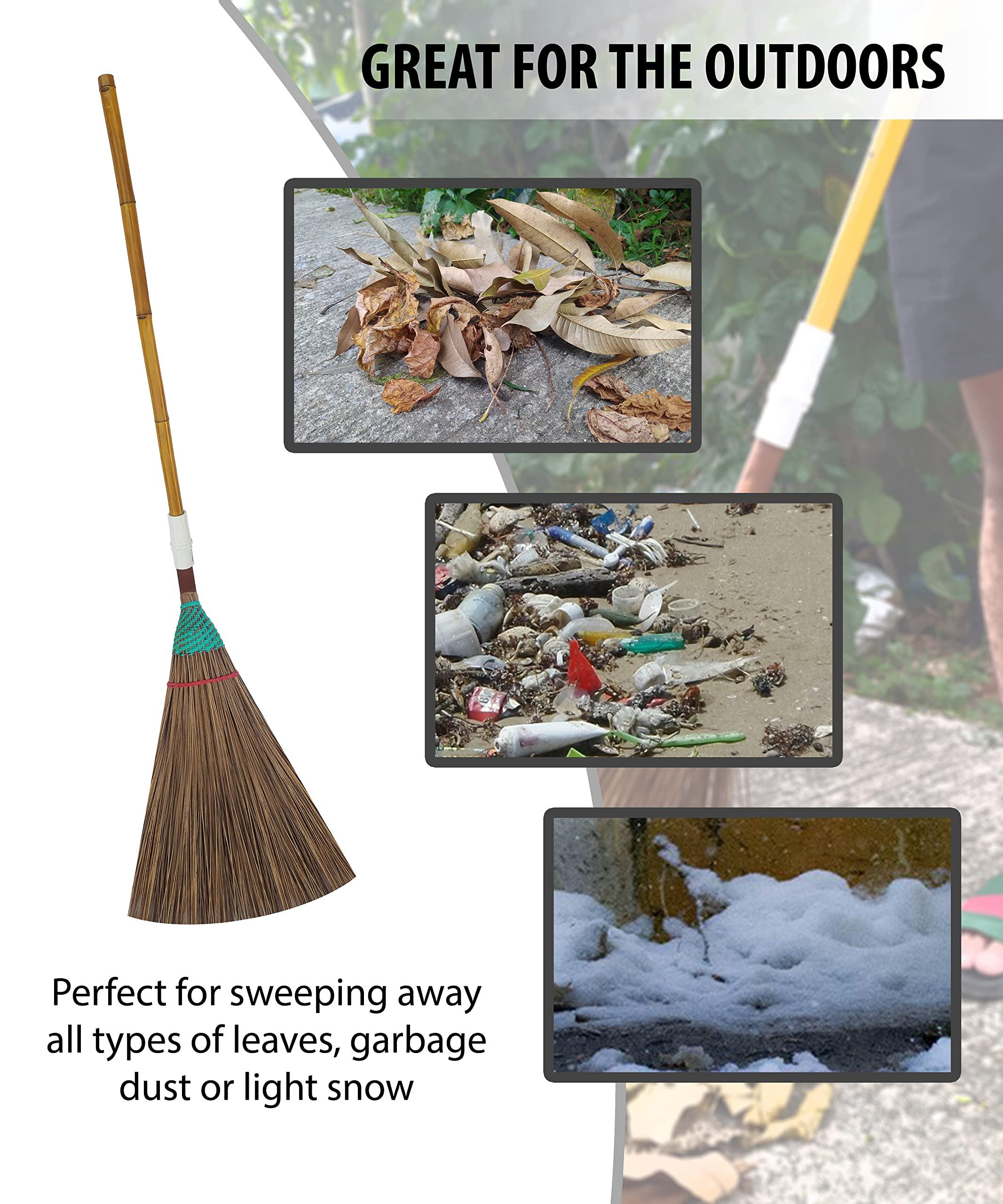 AW BROOMS Garden Broom, 61 Inch, Natural Coconut Leaf Broom,Outdoor Brooms, Sweep Snow and Wet Leaves Multi-Surfaces Sturdy Outdoor Coconut Leaf Broom Bamboo Stick Handle Durable Broom Asian Heavy Duty Broom