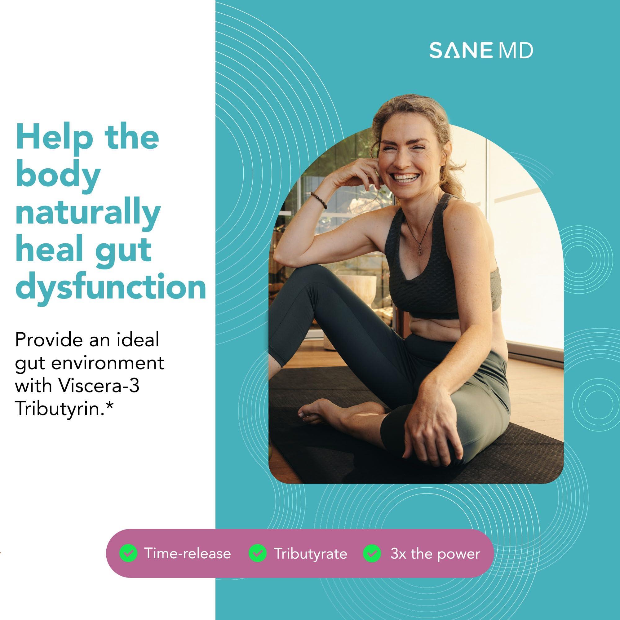 SANE SANE MD - Viscera 3 Postbiotics with Tributyrin - Sodium Butyrate Supplement for Gas and Bloating Relief - Gut Health - IBS & Leaky Gut Butyric Acid Supplement - NSF Certified - 30 Capsules