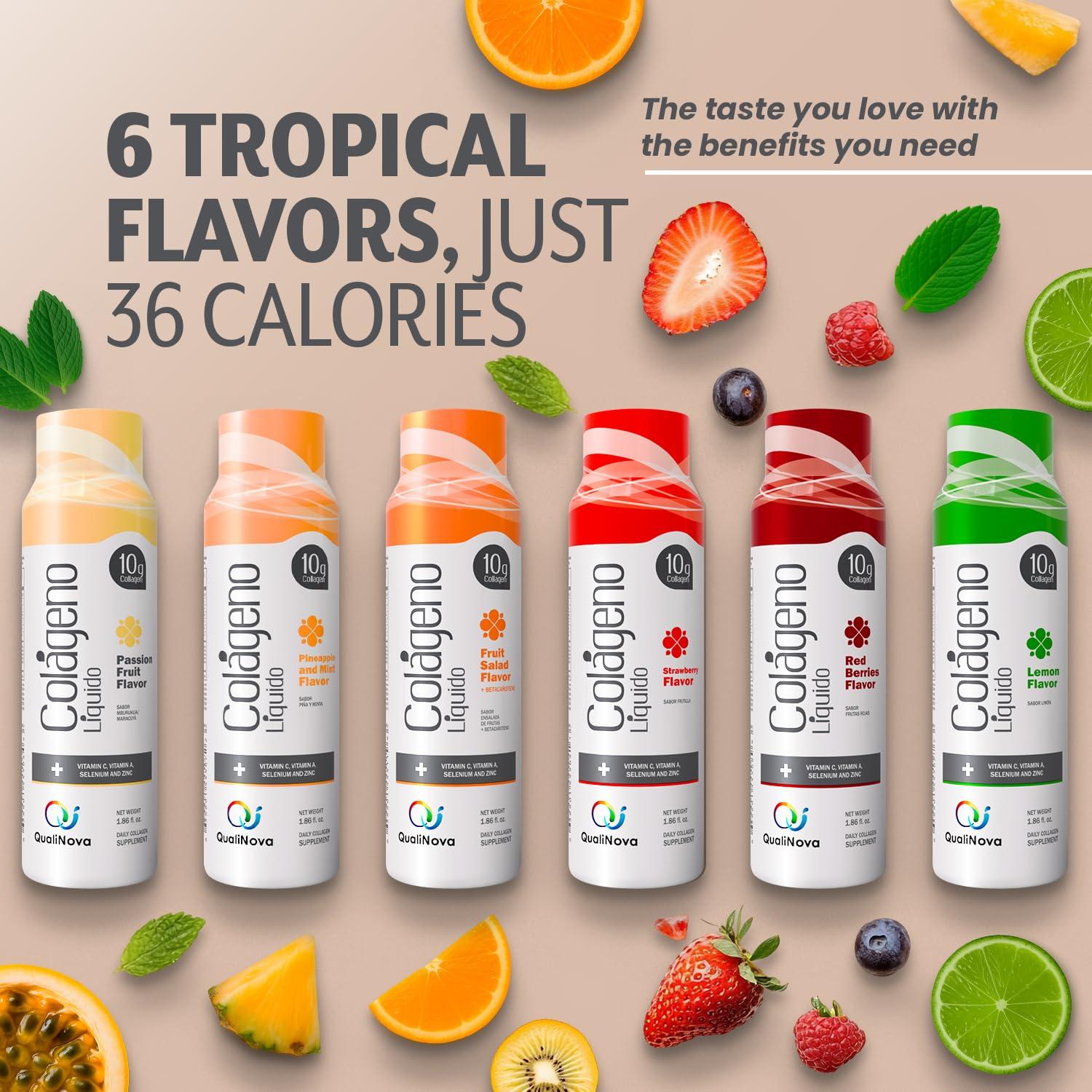 QUALINOVA QUALINOVA Liquid Collagen Supplements Variety Pack for Women - Daily Dose of Tropical Flavors with Essential Nutrients (10g Collagen / 1.86 fl oz - 30 Count)