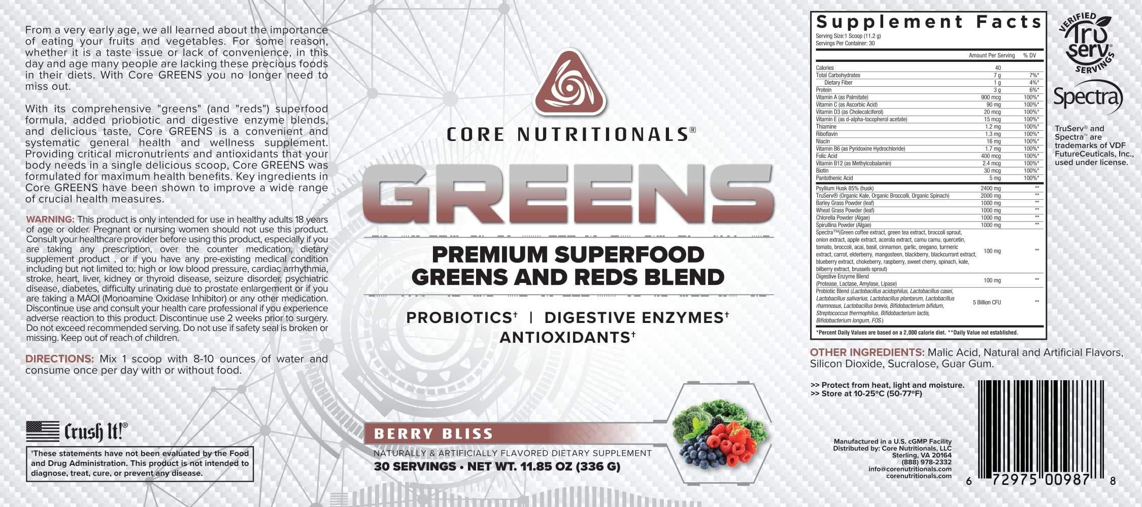 Core Nutritionals Core Nutritionals Greens Platinum Premium Superfood Greens and Reds Blend, Supports Digestion and Gut Health, 5 Billion CFU Probiotic,30 Servings (Berry)