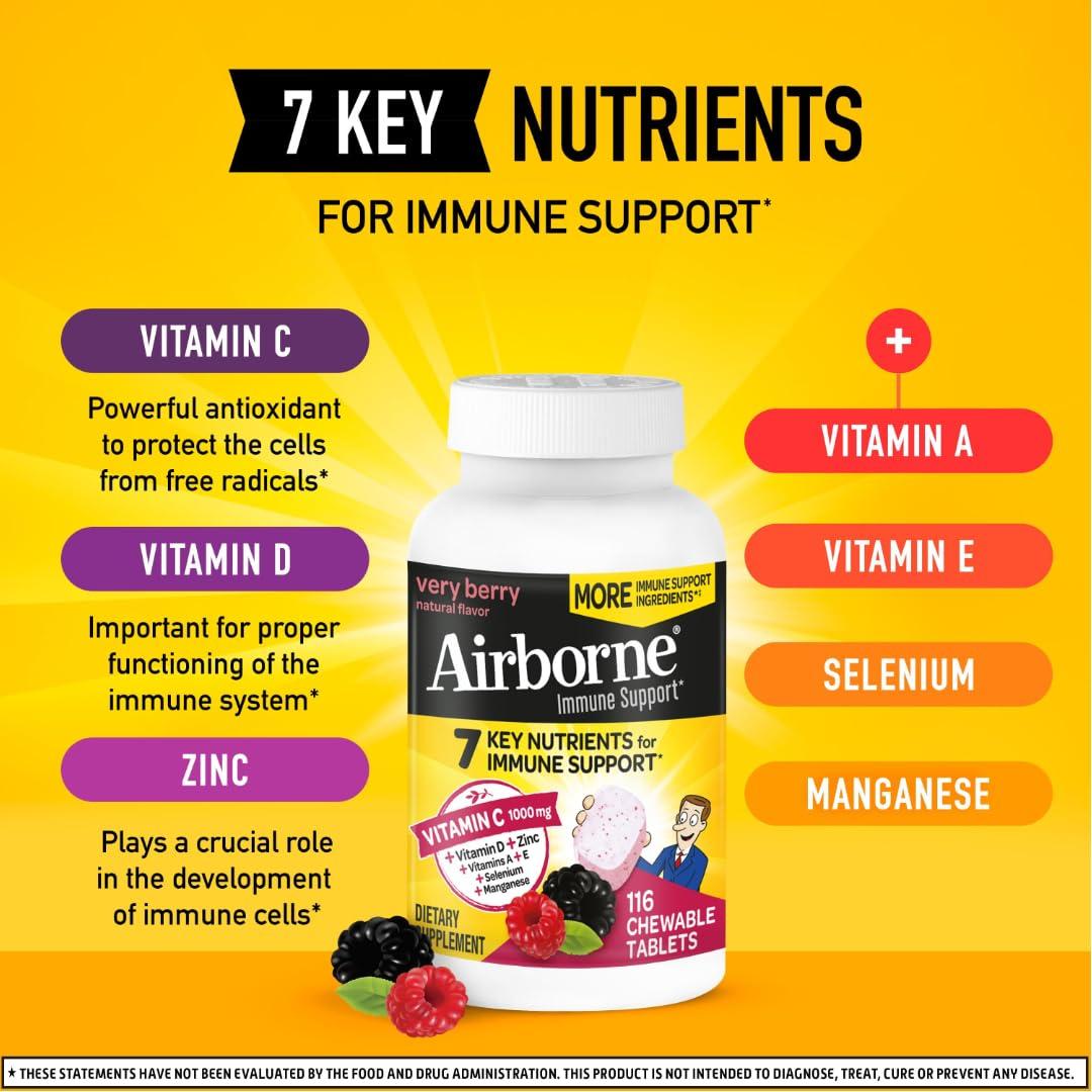 Airborne Airborne 1000mg Vitamin C + Zinc Immune Support Supplement Chewable Tablets, Very Berry Flavor with Powerful Antioxidants Vitamins A C & E, 116 Chewable Tablets (2 Pack)