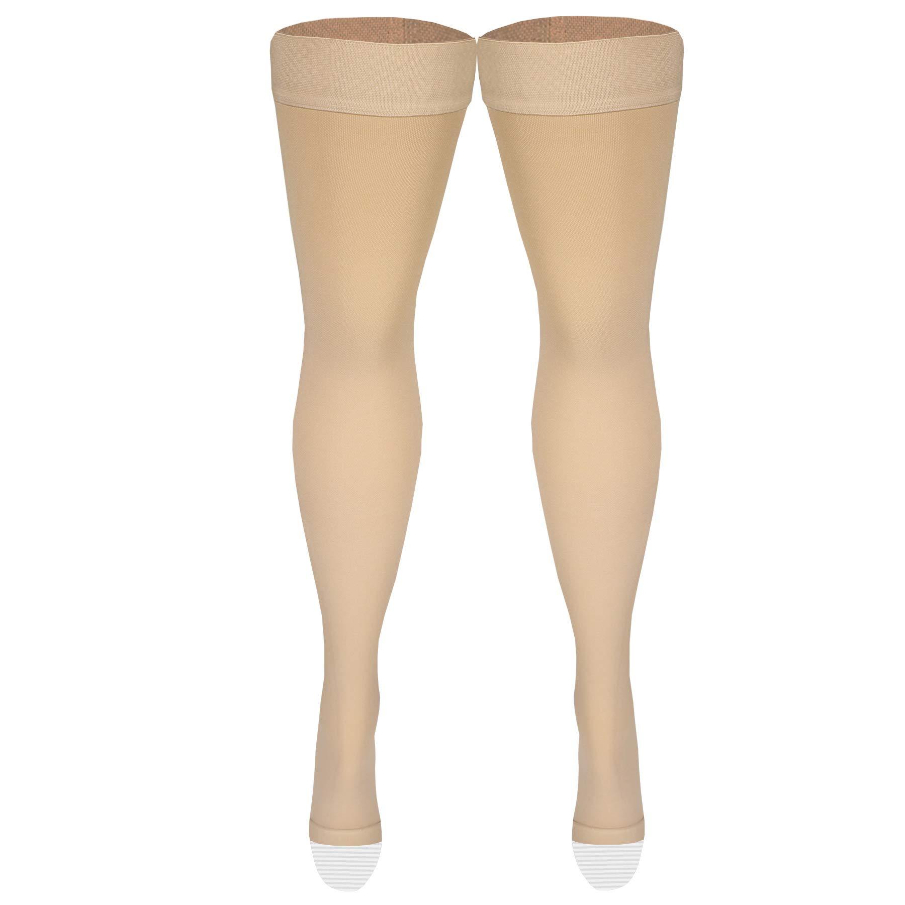 Amazon Basic Care Amazon Basic Care Medical Compression Stockings, 20-30 mmHg Support, Women & Men Thigh Length Hose, Open Toe, Beige, Large (Previously NuVein)