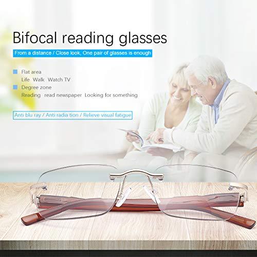 MIRYEA Rimless Bifocal Reading Glasses Spring Hinge Photochromic Sun Readers Transition Shades Computer Blue Light Blocking Sunglasses UV400 Protection Anti Glare Eyewear Gaming Eyeglasses for Men and Women