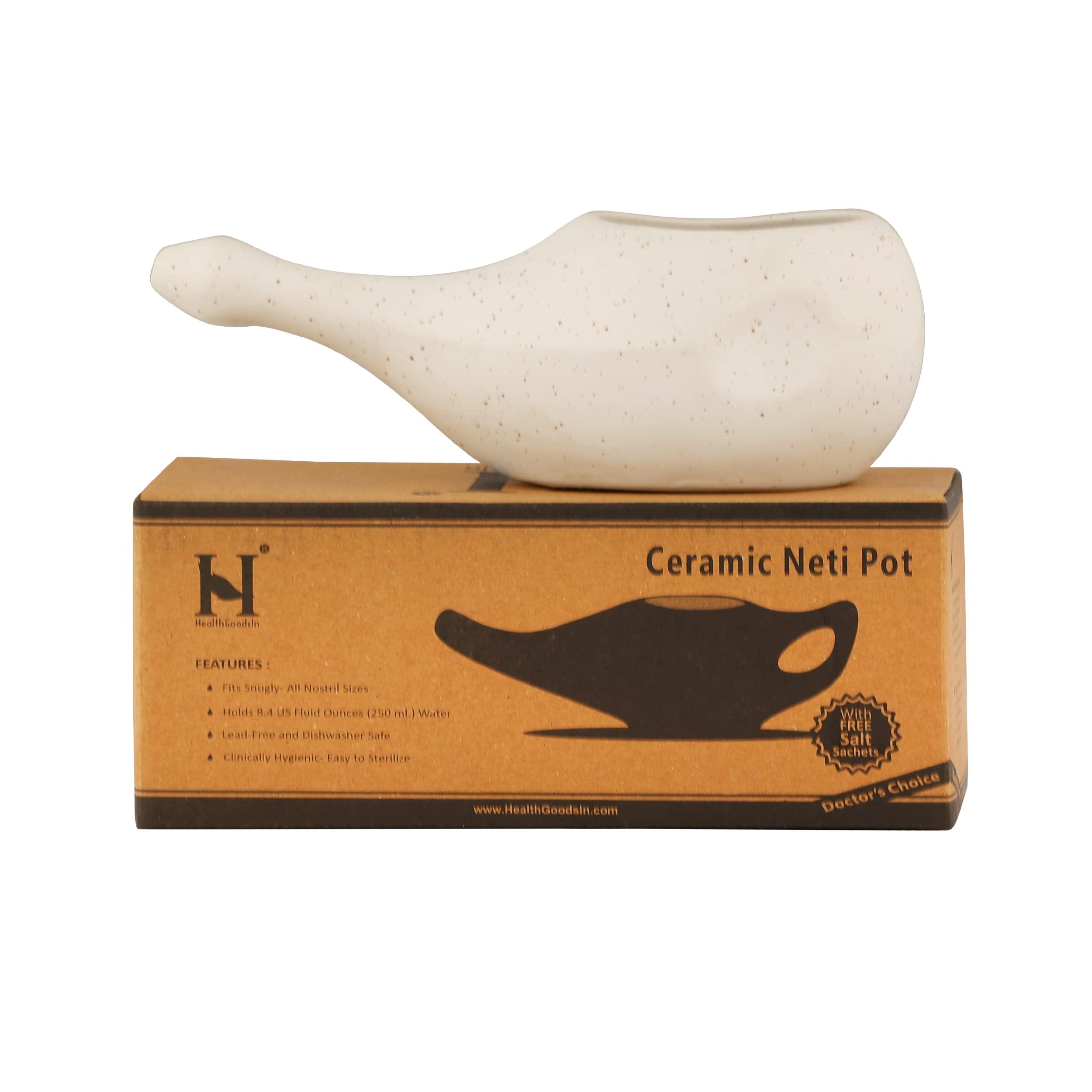 HealthGoodsIn HealthGoodsIn Ceramic Neti Pot, Dishwasher Safe, Conical Tip for Nasal Cleansing + 5 Sachet Neti Salt, Without Handle (Matte Ivory)