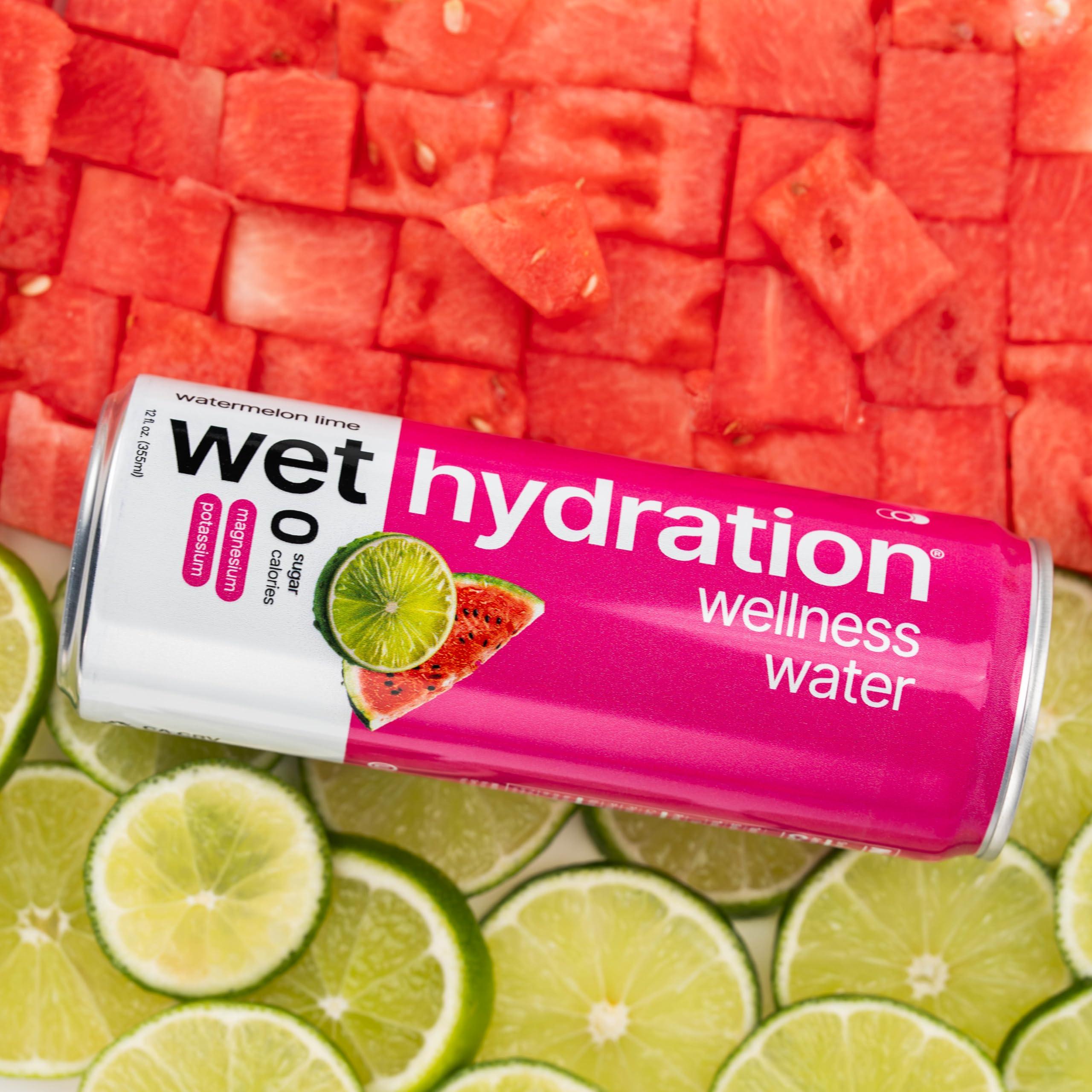 WET HYDRATION Wet Hydration, Zero Calorie, Functional Wellness Water - Watermelon Lemon Lime (12 Ounce Cans, Pack of 12) - Flavored Water, Hydration Drink, No Sugar, No Artificial Ingredients, Zero Calories