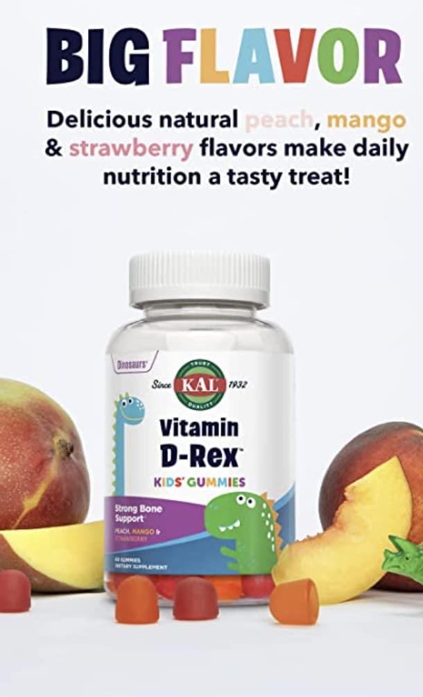 KAL KAL Vitamin D-Rex - Vitamin D Gummies for Kids - Kids Vitamin D3 - Peach, Mango, and Strawberry Flavors - Immune, Heart, Bone & Oral Support - Vegetarian, Gluten Free - 60 Servings, 60 Gummies