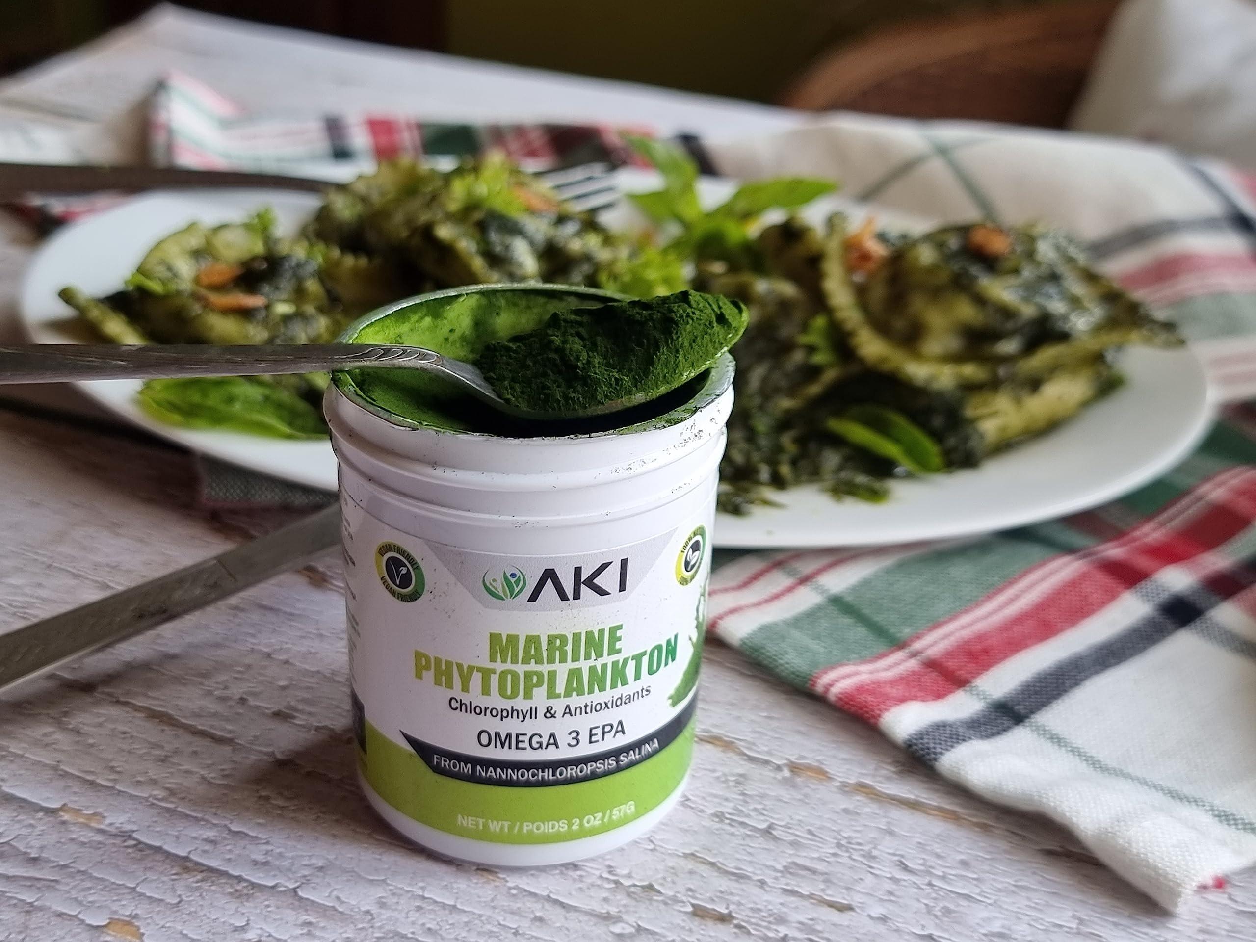 AKI ORGANIC AKI Marine Phytoplankton Powder | Source of Raw Omega-3 EPA Micro Algae Nannochloropsis - Plant Based Proteins, Vitamins for Overall Wellness | Complete Protein Source, Vegan & GMO Free (2 Oz / 57G)