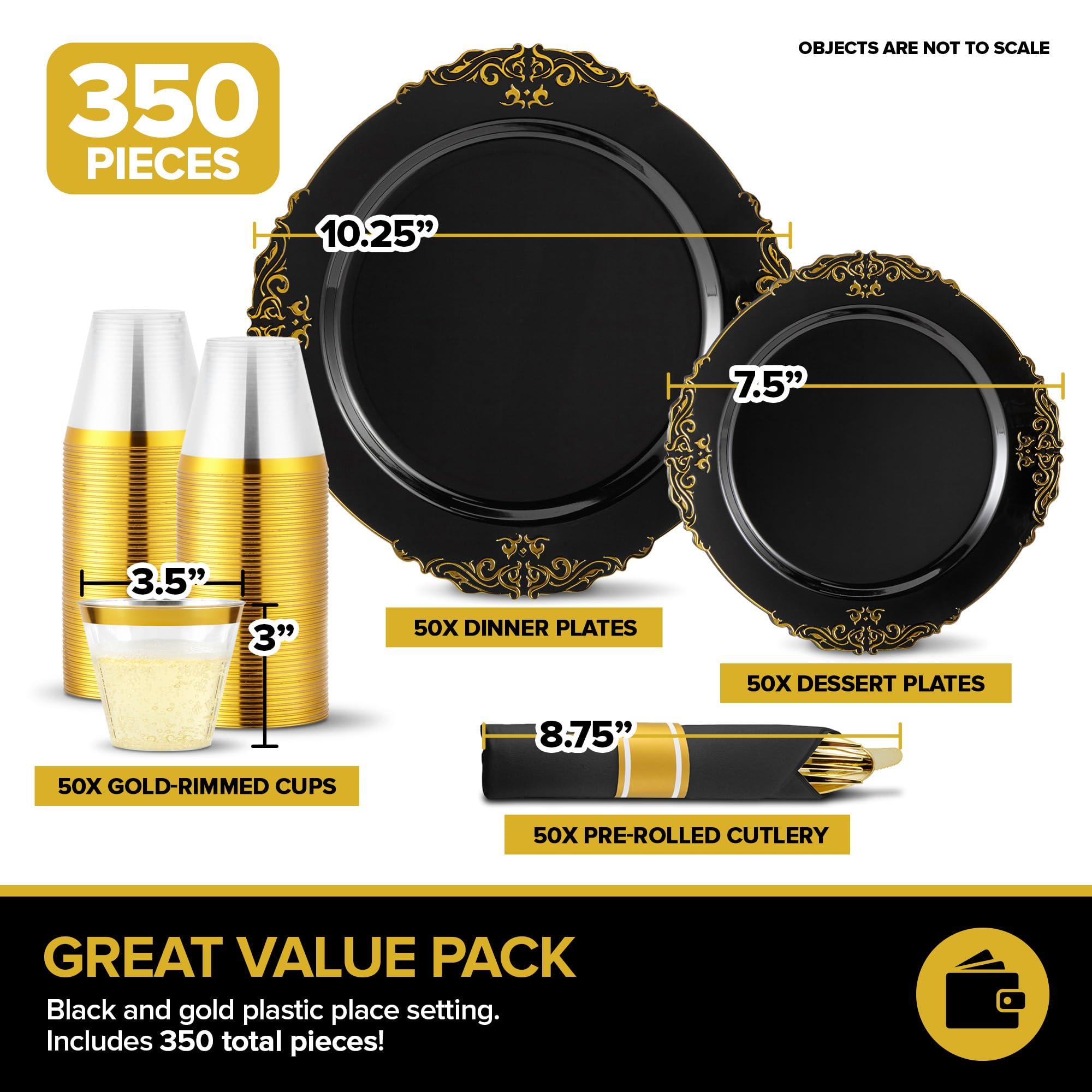 Stock Your Home Stock Your Home Black and Gold Plates Set with Pre-Rolled Cutlery with Napkins & Gold Cups, Dinnerware for 50 Guests (350pcs), Disposable Party Sets for Wedding, Bridal Shower, Graduation Parties