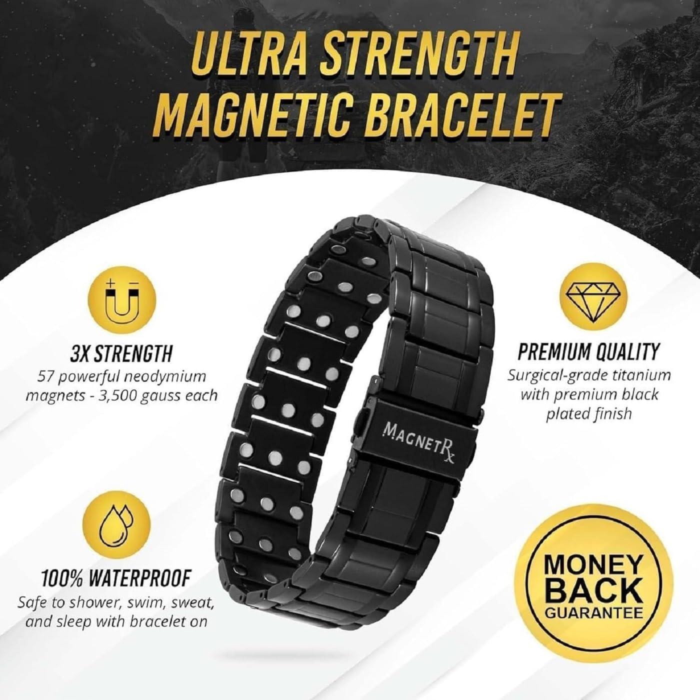 MagnetRX MagnetRX 3X Strength Magnetic Bracelets for Men Effective Titanium Mens Magnetic Bracelet Premium Fold-Over Clasp & Adjustable Length with Sizing Tool & Gift Box (Black)