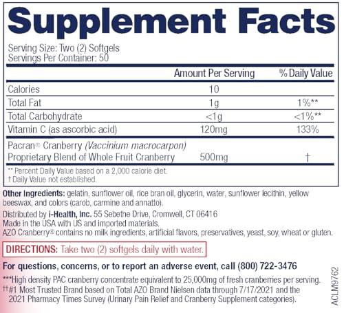 AZO AZO Cranberry Urinary Tract Health Supplement, 1 Serving : 1 Glass of Cranberry Juice, Sugar Free Cranberry Pills, Non-GMO, 3 Month Supply, 100 Softgels (Pack of 2)
