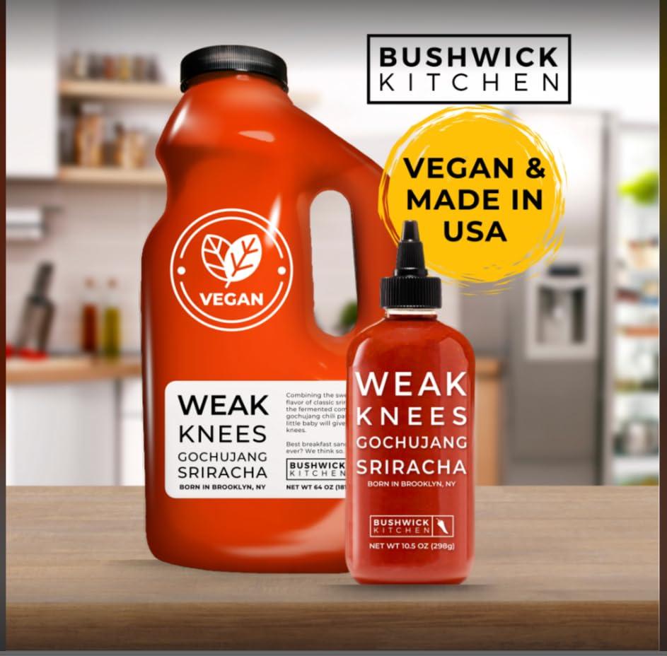 Bushwick Kitchen Weak Knees Gochujang Sriracha Hot Sauce, Sriracha Sauce 10.5oz Easy Squeeze Bottle, Korean Gochujang Paste Infused Sriracha Chili Sauce, Vegan Hot Sauce, Unique Gifts for Men, Food Gifts