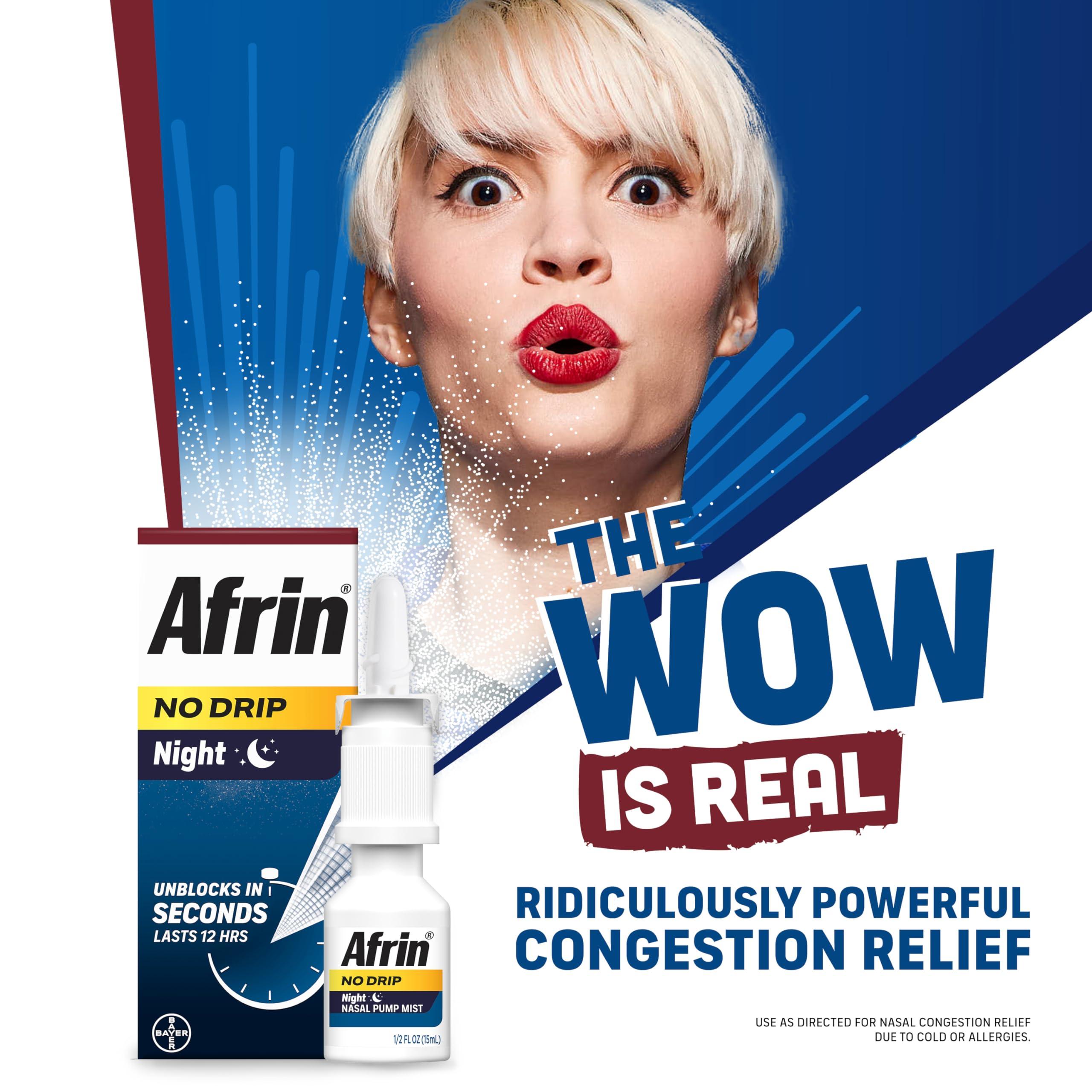 Afrin AFRIN No Drip Night Nasal Mist Twin Pack, Non-Drowsy, Fast-Acting Decongestant for Restful Sleep with Chamomile Scent, Adults and Children 6 and Older, .5 fl oz (Pack of 2)