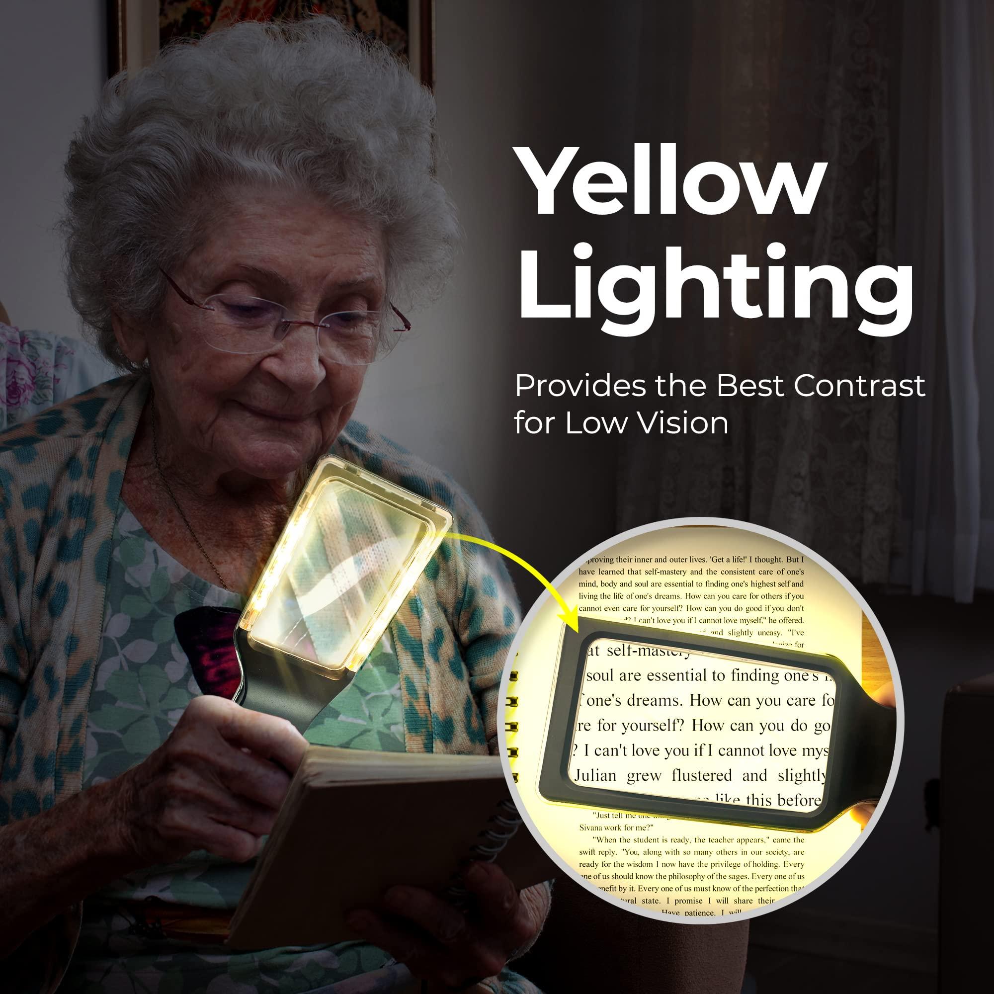 MagniPros See Things Differently MagniPros Patented 6X Rechargeable Magnifying Glass with 3 Color Light Modes & Anti-Glare Lens - Relieve Eye Strain | Perfect for Low Vision Seniors, Macular Degeneration & Fine Print