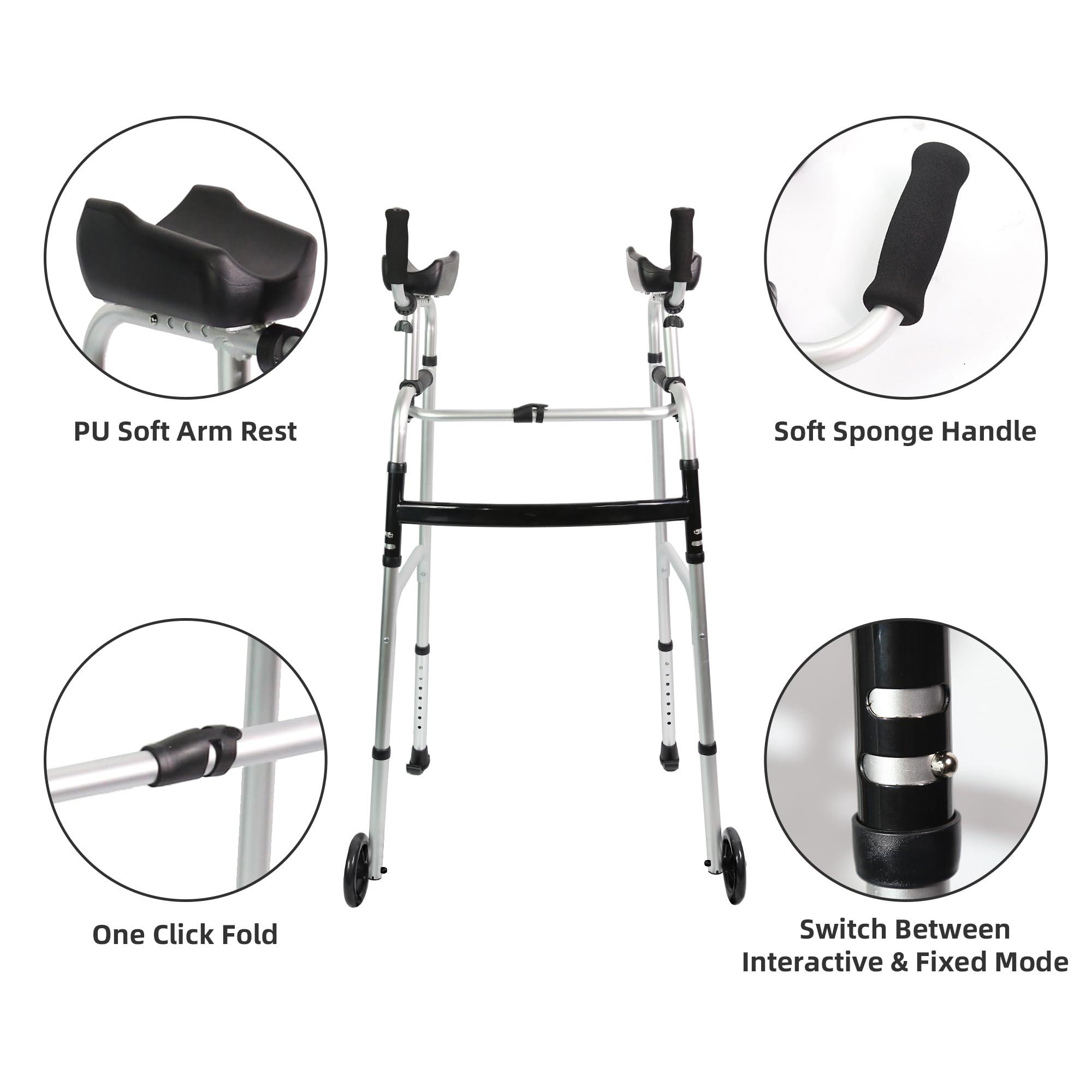 EasyVibe Foldable Stand IP Walker with Armrest Pad - Height Adjustable Aluminum Walkers, Standard Walker for Seniors, Elderly, Handicap, Platform Walker with Arm Support, Standing Upright Walker, Silver