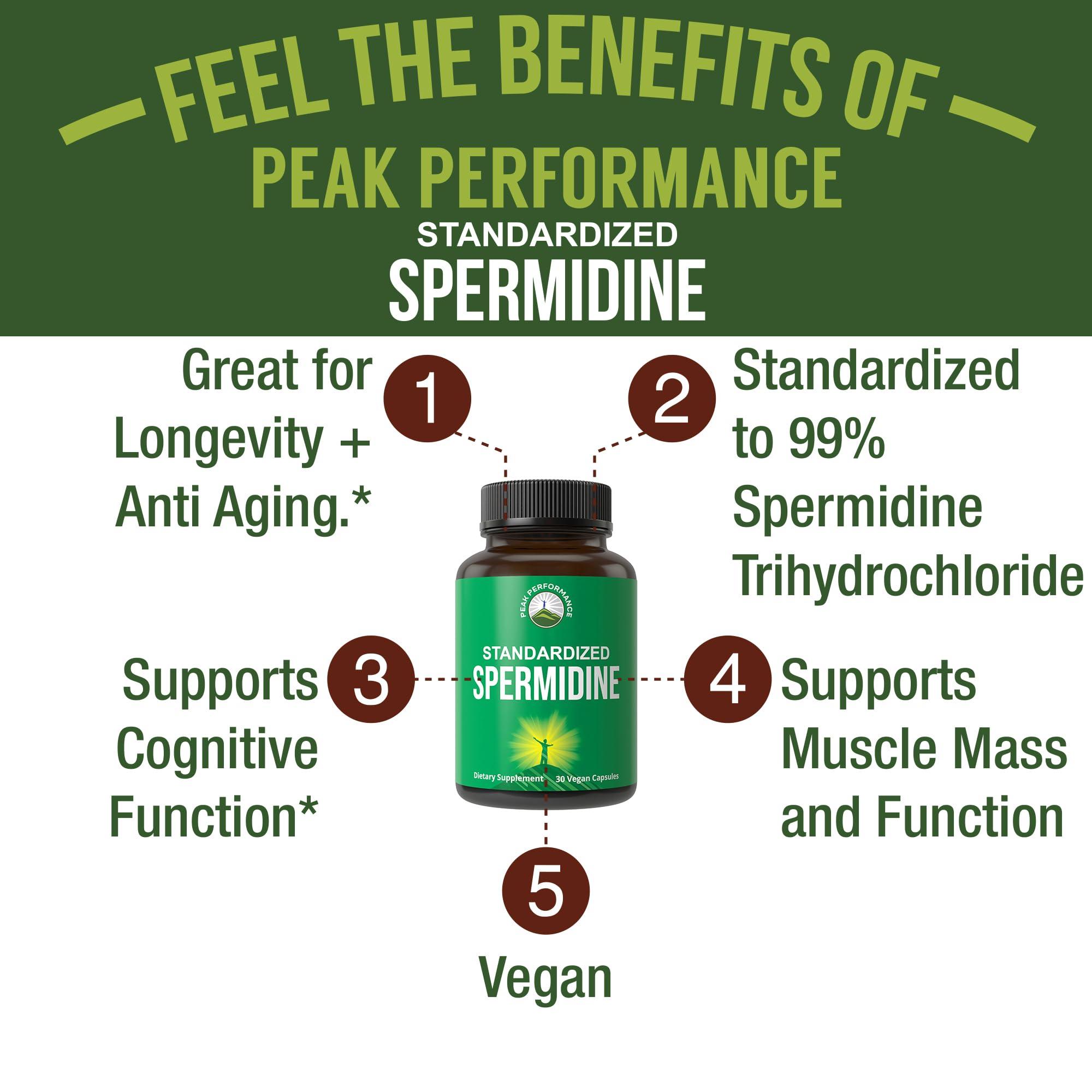 Peak Performance Spermidine Supplement Ultra High Strength Standardized to 99% Spermidine Trihydrochloride. More Potent Than Wheat Germ Extract. Vegan Capsules for Healthy Aging, Longevity. USA Tested Supplements