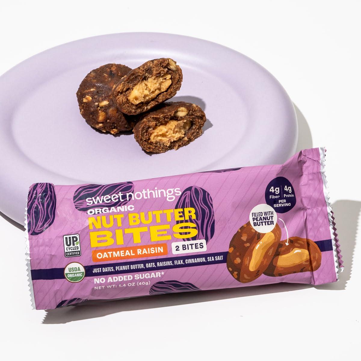 Sweet Nothings Sweet Nothings, Oatmeal Raisin, USDA Organic Nut Butter Bites Protein Bar, Nut & Date Snack, Filled with Peanut Butter, 12-2 Bite Value Packs - No Added Sugar, Plant Based, Vegan, Only 7 Ingredients