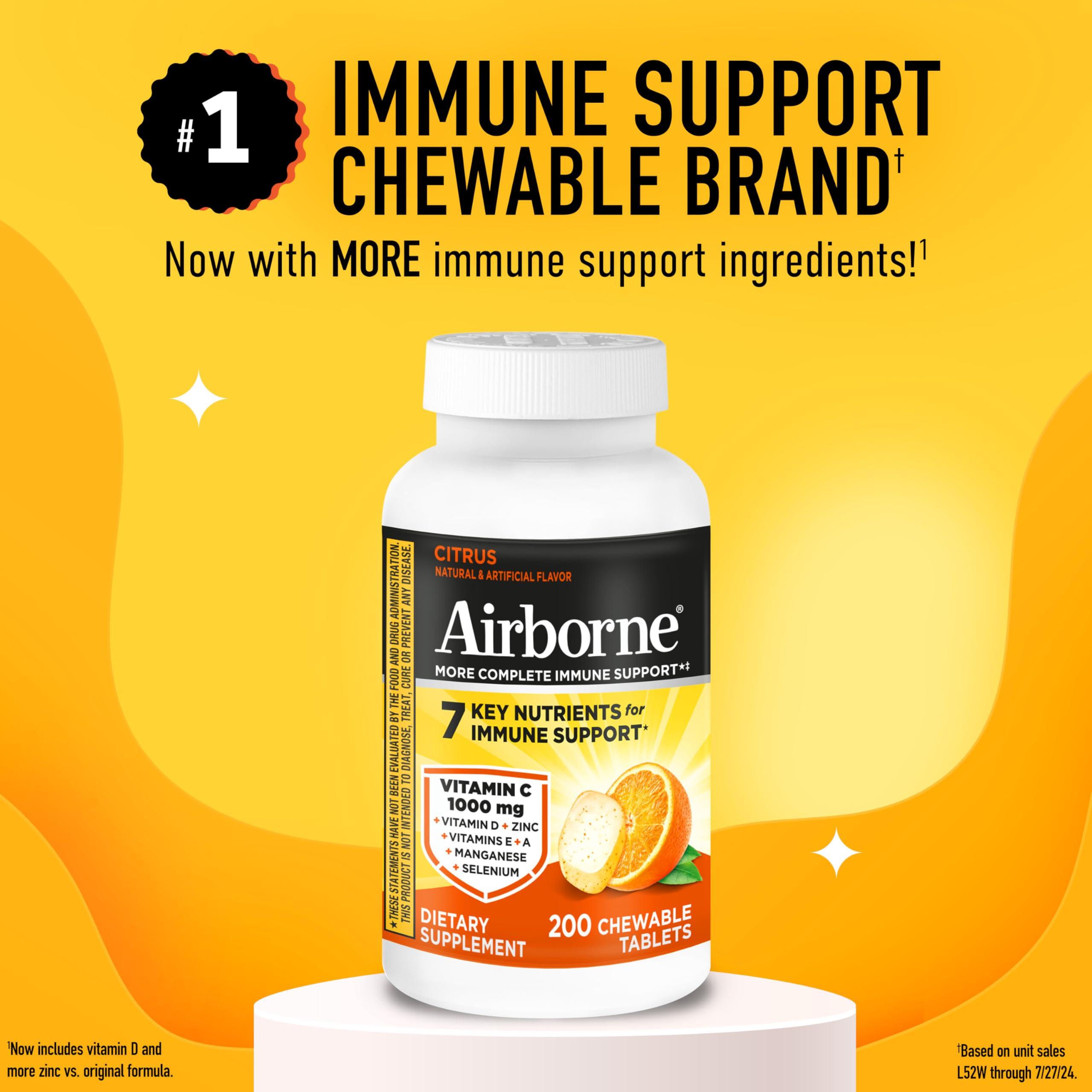Airborne Airborne 1000mg Chewable Tablets with Zinc, Immune Support Supplement with Powerful Antioxidants Vitamins A C & E - 200 Tablets, Citrus Flavor