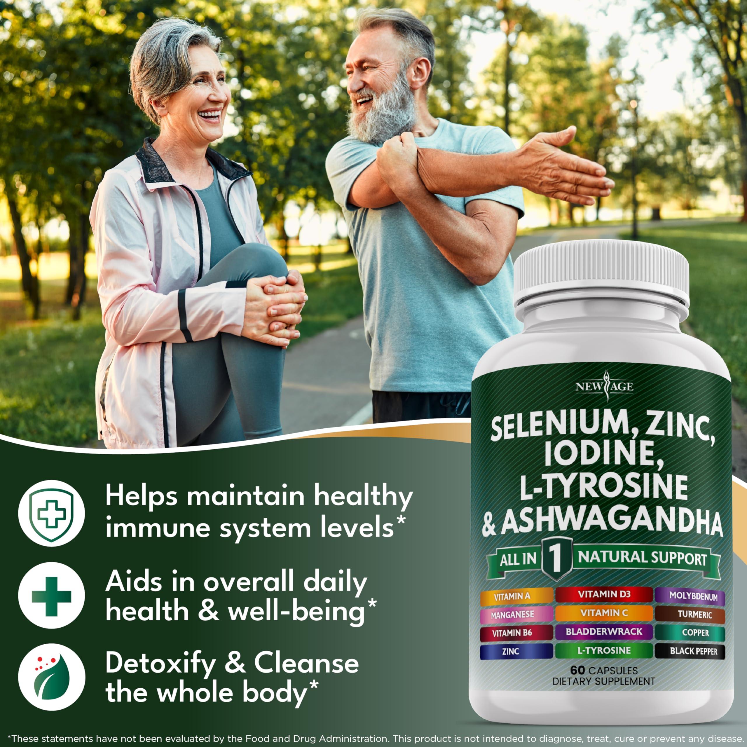 NEW AGE Selenium, Zinc, Iodine, L Tyrosine, Ashwagandha - Thyroid Support Supplement for Women and Men with Bladderwrack, Turmeric, Silica Kelp, Schisandra - 60 Count