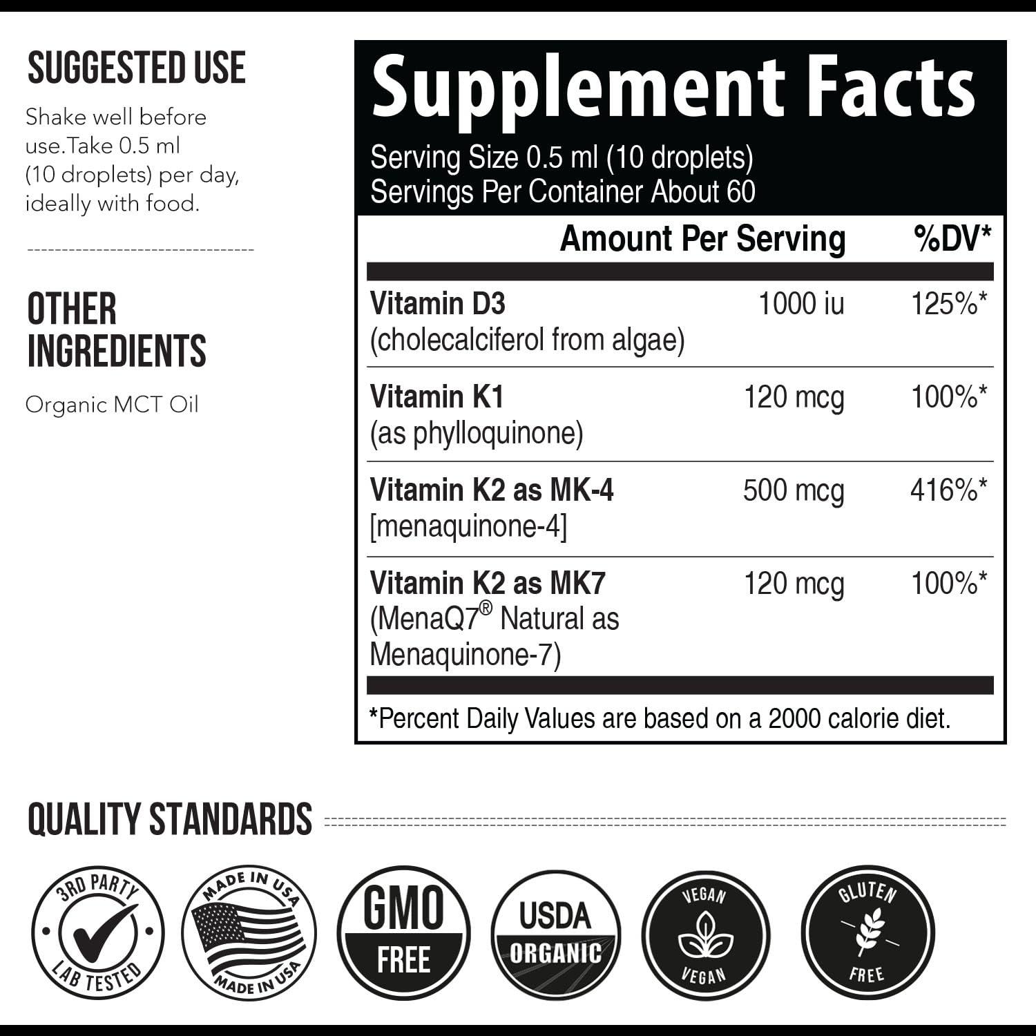 Triquetra Health Total K2 | Vitamin K2 as MK7 & MK4 | Plus K1 & Vitamin D3 Cofactor - 620 mcg K2 per Serving - All-Trans MK7 from MenaQ7 - Full-Spectrum Vitamin K - Vegan, Organic Certified (Liquid 1 oz)