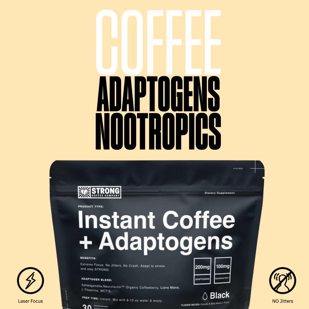 STRONG COFFEE COMPANY STRONG COFFEE COMPANY, INSTANT BLCAK COFFEE - 30 Servings, Extreme Focus, Adaptogen Coffee, No Jitters, No Crash
