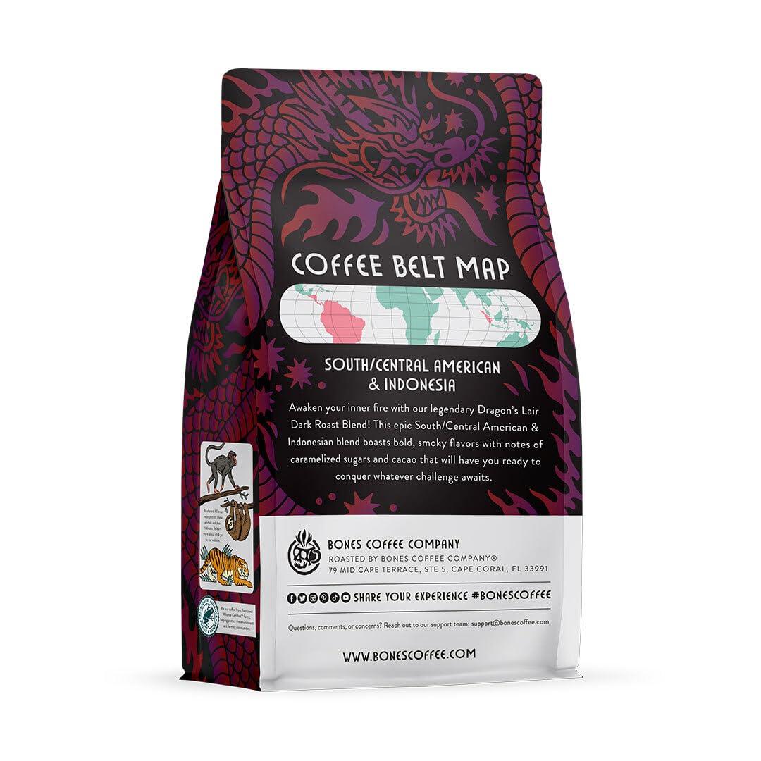 Bones Coffee Company Bones Coffee Company Dragon\'s Lair Flavored Coffee Beans, Whole Bean Coffee Dark Roast Low Acid (12 oz)