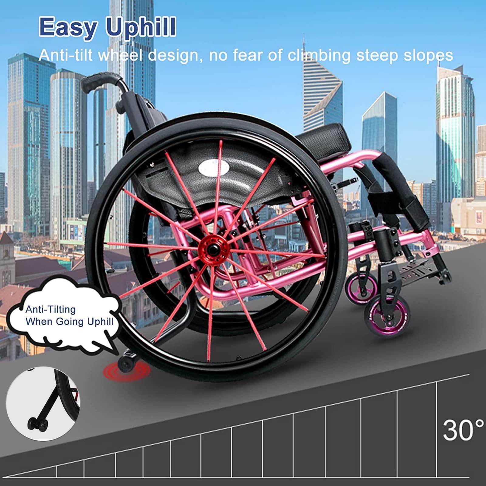 CUIOT Sports Wheelchair - Lightweight Folding Transport Wheelchairs with Adjustable Footrest And Seat Height, Aluminum Alloy Sports Leisure Racing Chair with Anti-Tipper for Disabled, 24" Rear Wheels,Gold,S