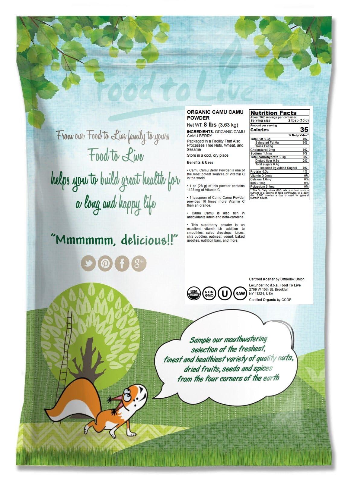 Food to Live Food to Live - Organic Camu Camu Powder, 8 Pounds - Non-GMO, Kosher, Raw, Vegan Superfood, Bulk, Non-Irradiated, Pure, Great for Baking and Drinks