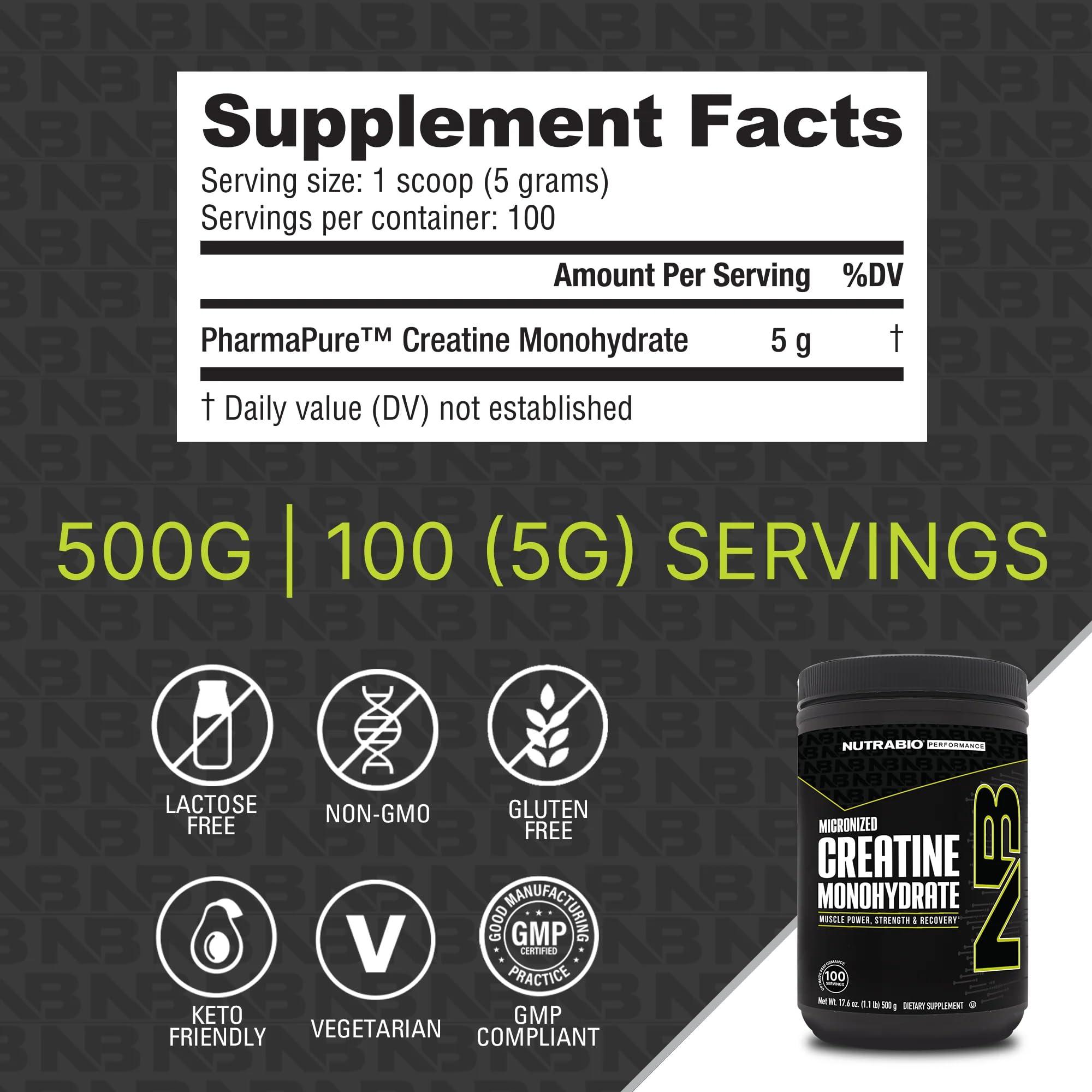 NutraBio NutraBio Pure Creatine Monohydrate Powder Supplement, Unflavored, (500g) - Supports Bulk Muscle Energy, Recovery, and Strength - for Men and Women