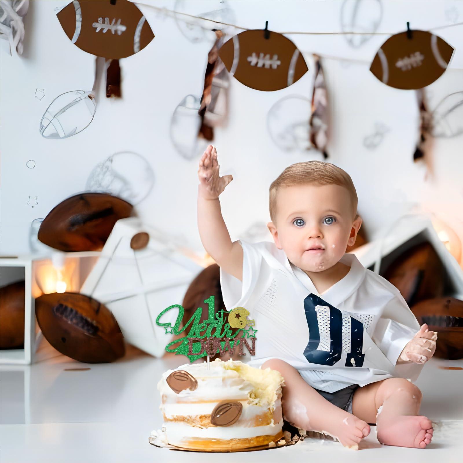 ShuanQ ShuanQ 1st Year Down Cake Topper - Football Theme 1st Birthday/Baby Shower/Gender Reveal Party Decoration - Sports Birthday Party Cake Decor for One Year Old Boys