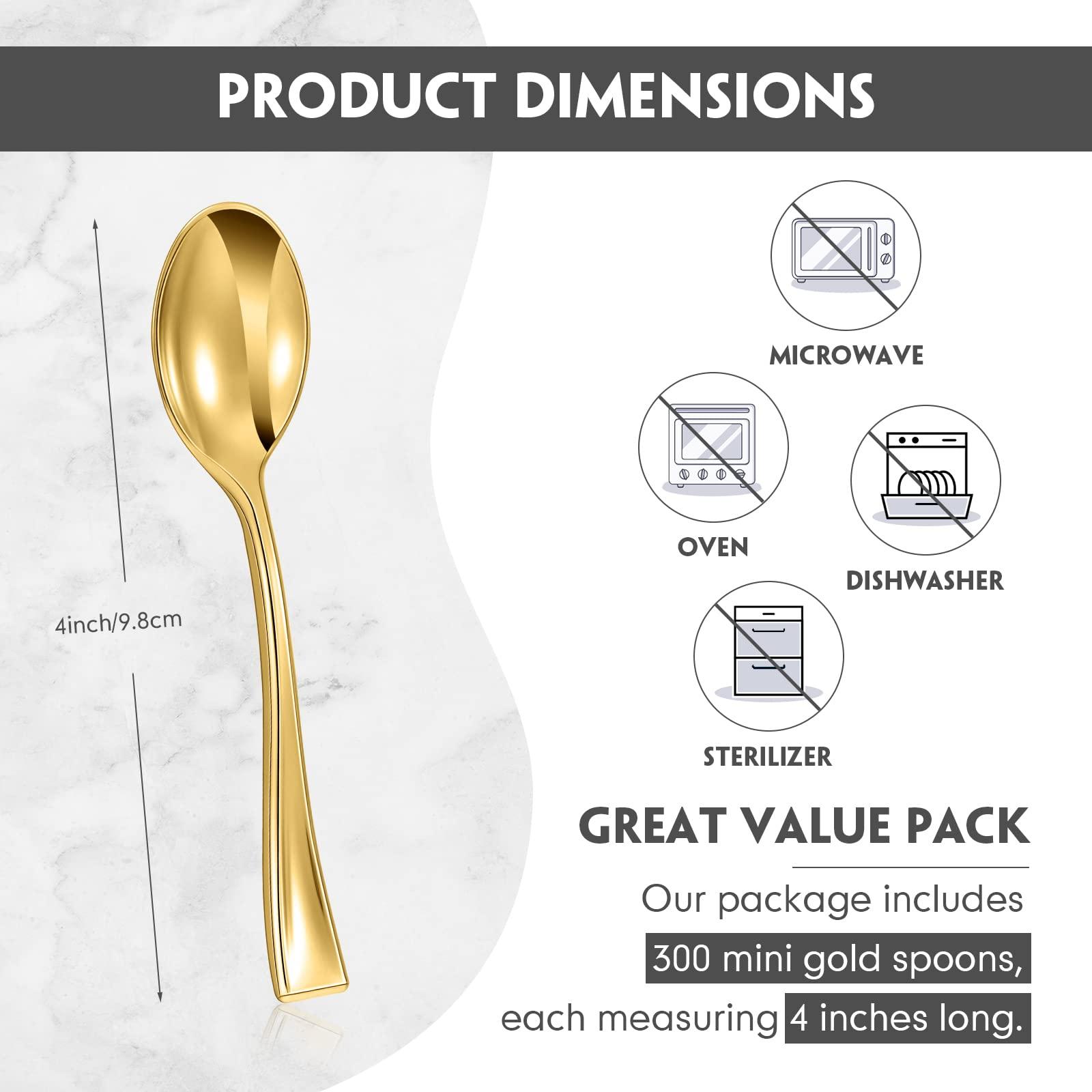 Mimorou 300 Pcs Disposable Mini Gold Spoons Bulk Plastic Gold Spoons Set 4 Inch Gold Dessert Spoons Small Plastic Serving Spoons Heavy Duty Plastic Tasting Spoons for Desserts Sampling or Appetizers