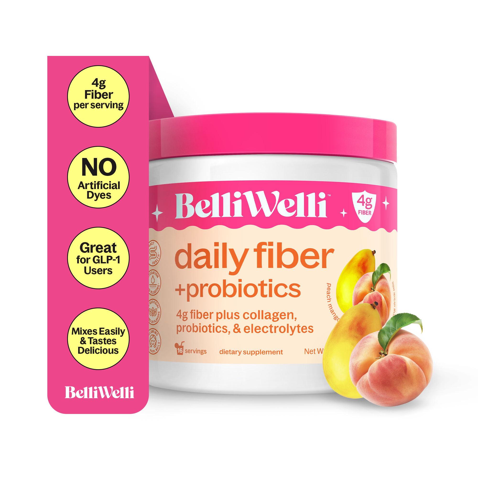 Belli Welli Belli Welli Daily Fiber Supplement Powder with Collagen, Probiotics & Electrolytes | Supports Digestive Health, Gut Balance & Debloating | Peach Mango | 16 Servings