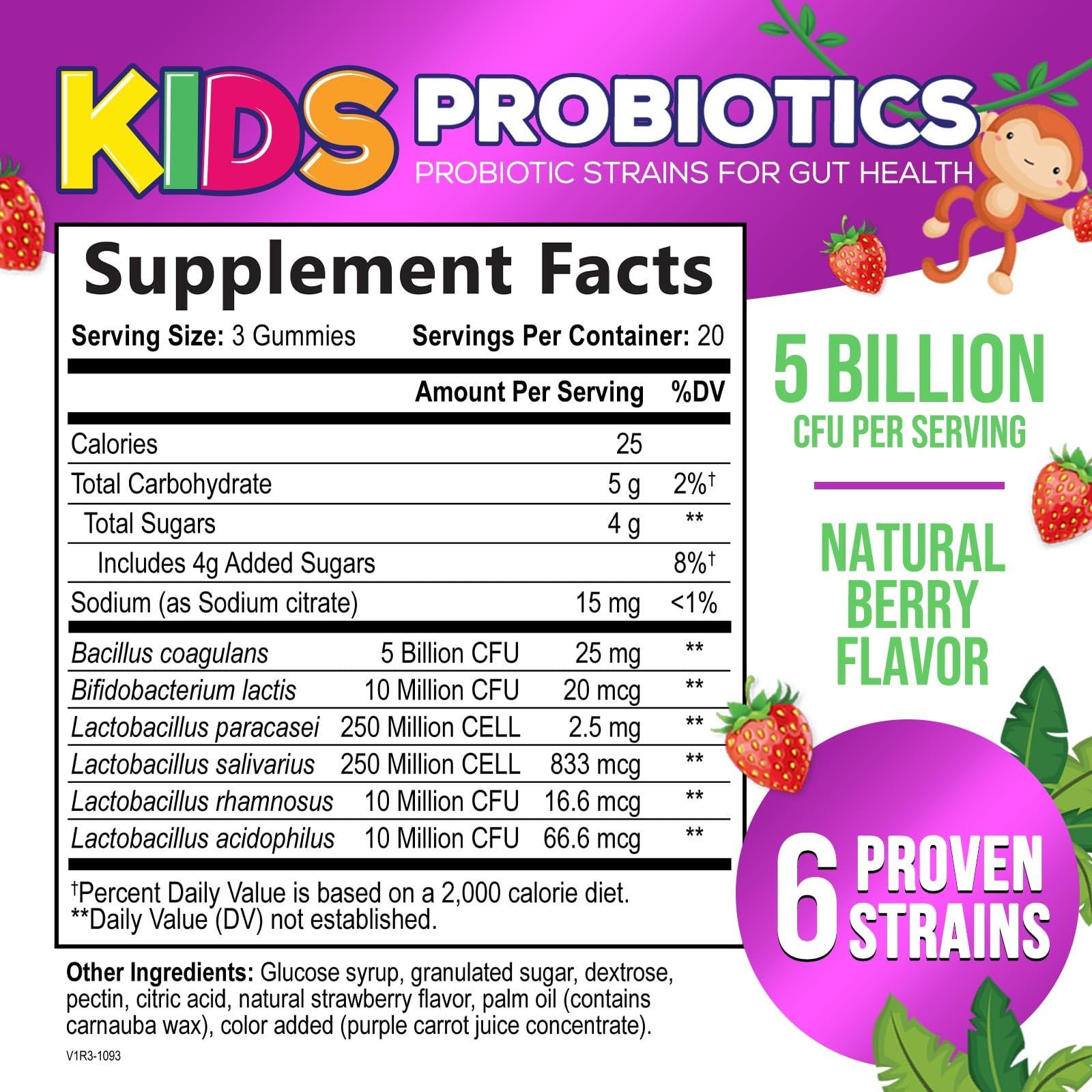 Nature's Nutrition Kids Probiotic Gummies - Chewable Daily Probiotics for Kids Ages 3+ - Natural Digestive Health & Immune Support Vitamin - Vegan, Gluten Soy & Dairy Free, Berry Flavored, Shelf Stable - 60 Gummies