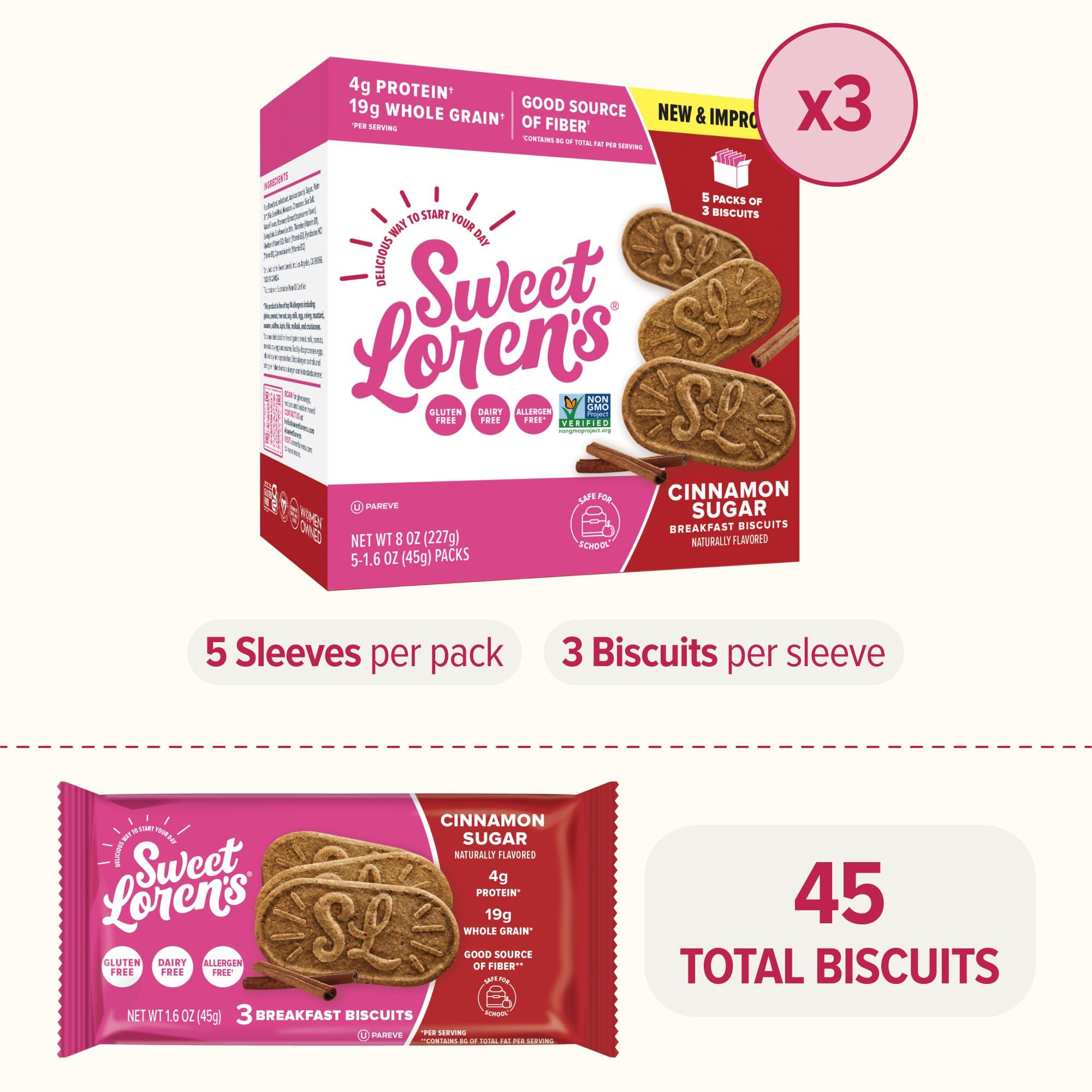 Sweet Loren\'s Sweet Loren\'s Vegan Breakfast Biscuits | Cinnamon Sugar | 4g Protein, 19g Whole Grains | Plant Based, Gluten Free, Dairy Free, Nut Free Snacks | 3 Pack (15 Total Biscuits, 1.6 ounce each)