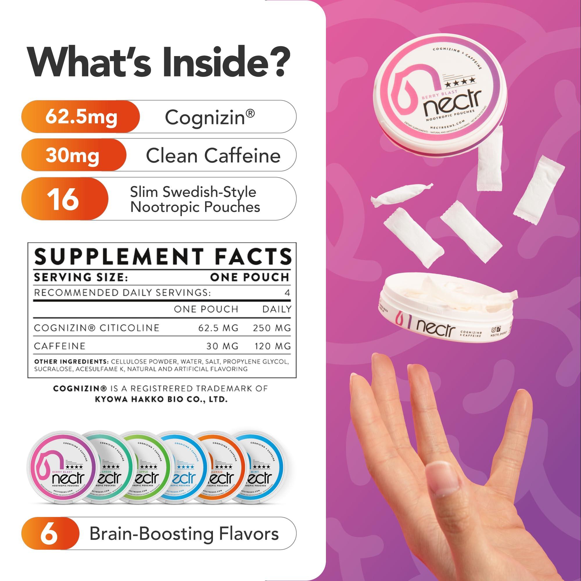 Nectr Nectr Nootropic Energy Pouches, Focus & Energy, Iced Mango, Cognizin 62.5 mg, Caffeine 30 mg, 16 Pouches, Neuro Support, Sugar Free, 5 Pack of Cans