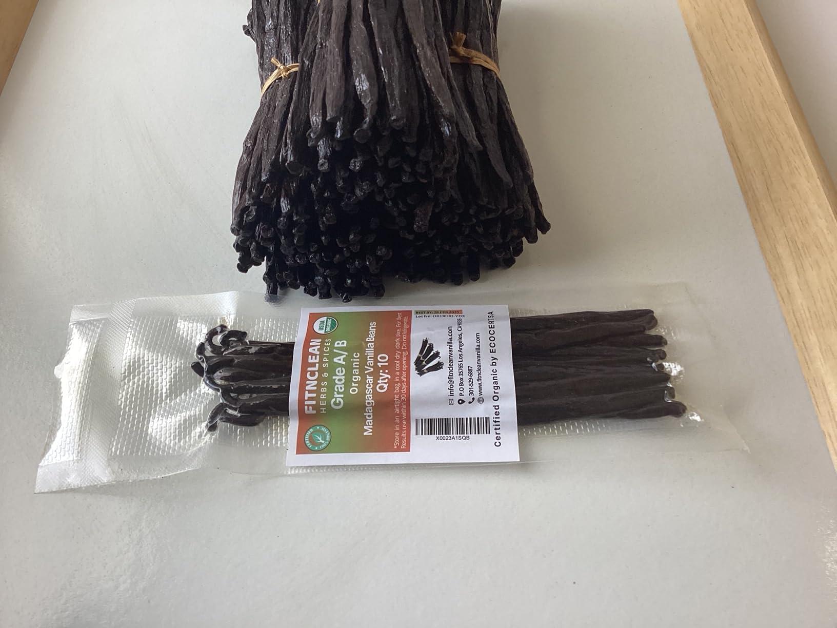 FITNCLEAN HERBS AND SPICES 10 Organic Madagascar Vanilla Beans Grade A/B. Certified USDA Organic. 5\"-7\" by FITNCLEAN VANILLA for Extract and Everything Vanilla.