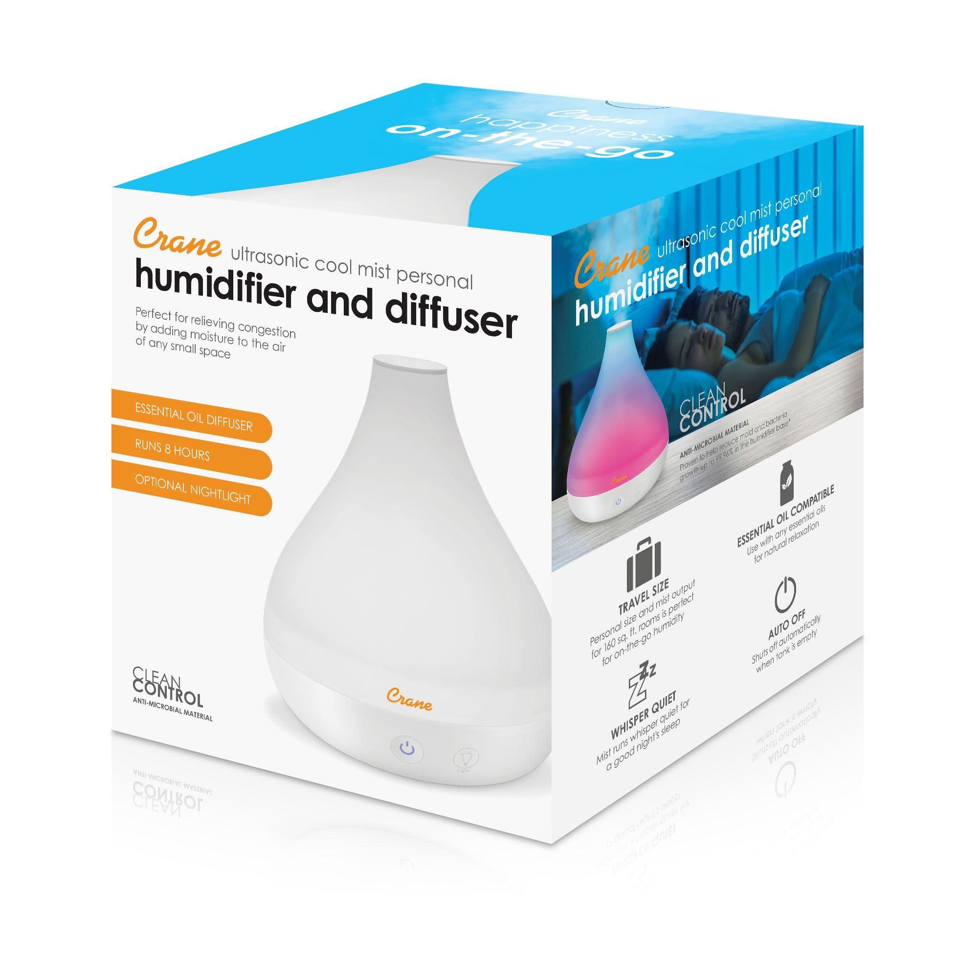 Crane Crane Personal Ultrasonic Cool Mist Humidifier and Aroma Therapy Diffuser, Optional Color Changing Nightlight Included, for Home, Hotels, and Office, 0.35 Gallon 1.5 Liter, White (Pack of 2)