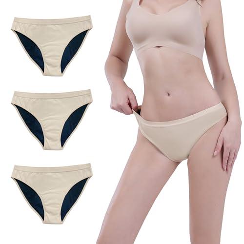 AIRCUTE AIRCUTE Washable Absorbent Urinary Incontinence Underwear for Women Girl Bikini Leakproof Panty for Leakage Flow 25ml, 3 Pack (Large, Beige)