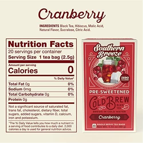 Southern Breeze Southern Breeze Cold Brew Sweet Tea Cranberry Iced Tea with Black Tea and Zero Carbs Zero Sugar, 20 Individually Wrapped Tea Bags Pack of 2