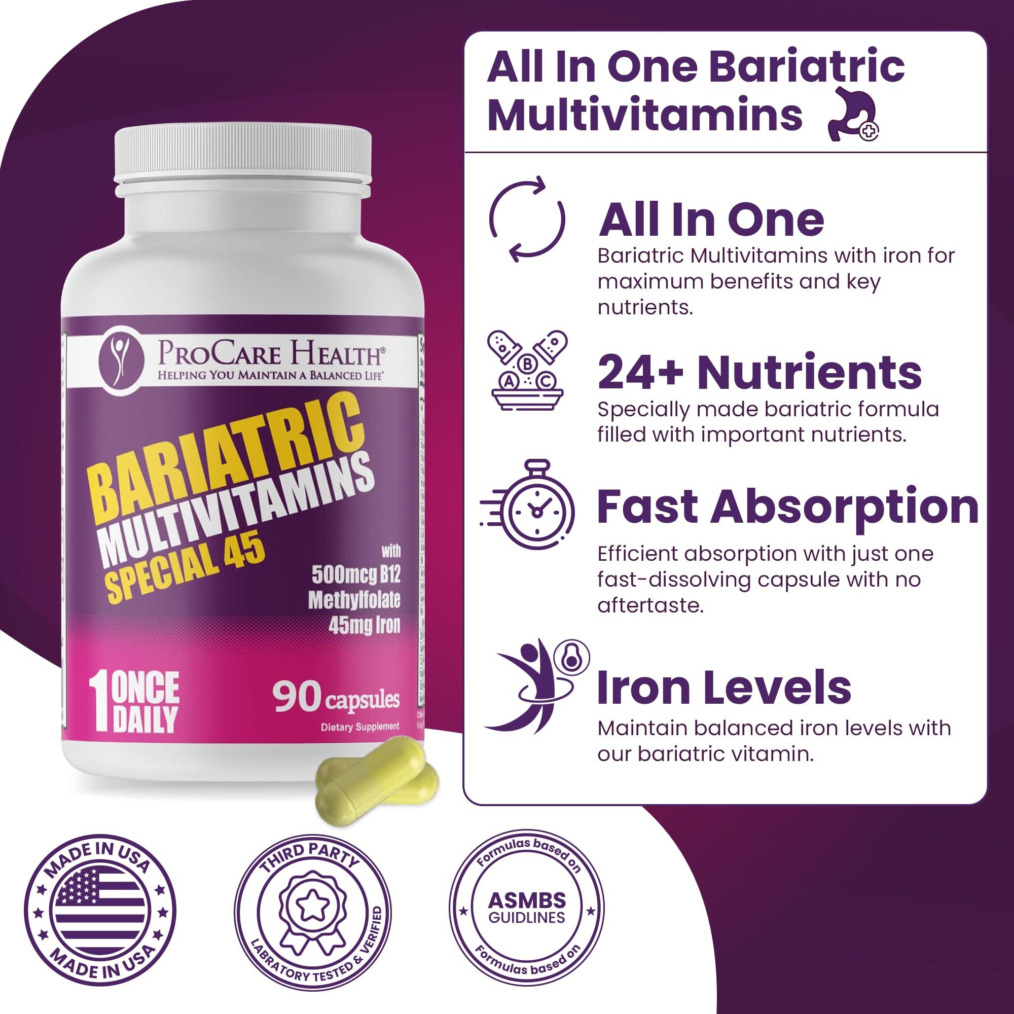 ProCare Health ProCare Health Bariatric Multivitamin with Iron (90 Capsule) - 45mg Iron with Reduced B12 - Post Op Bariatric Vitamins for Gastric Bypass Sleeve Patients, Sustains Recovery & Energy (03 Month Supply)